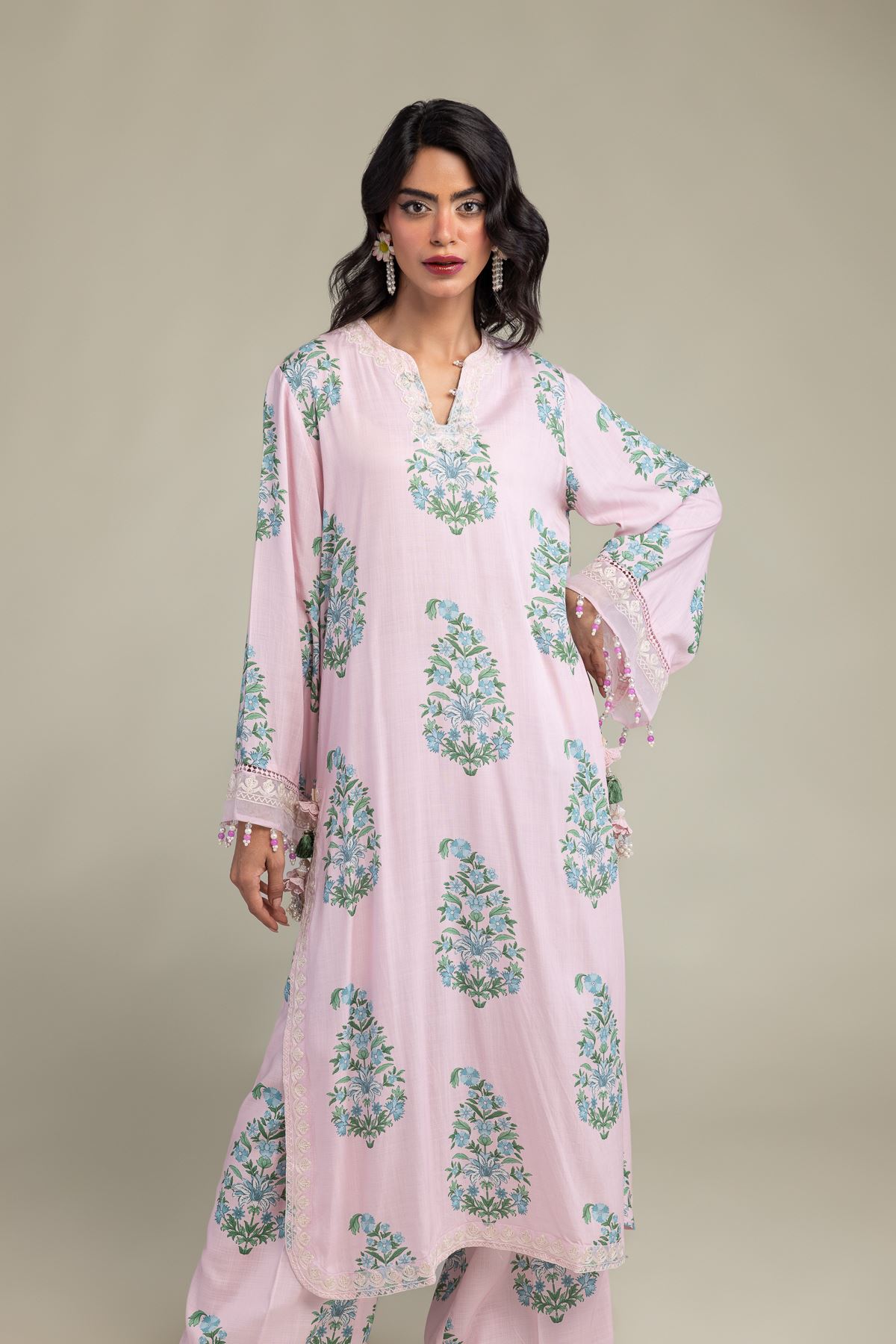Embroidered Raw Silk Long Pink Kurta - 8-26-216-B-B1-VG
