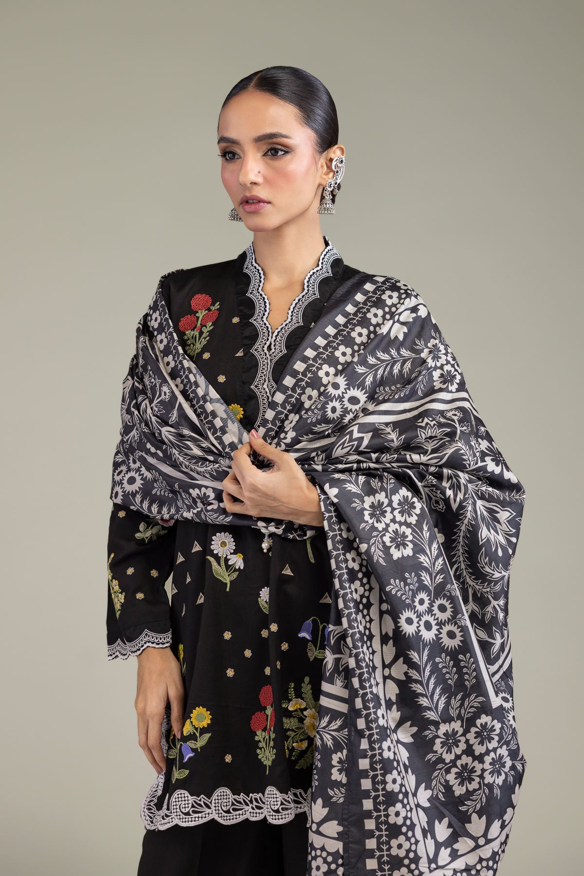 Embroidered Polyester Silk Floral Black Dupatta - 2-26-209-A-C1-VG