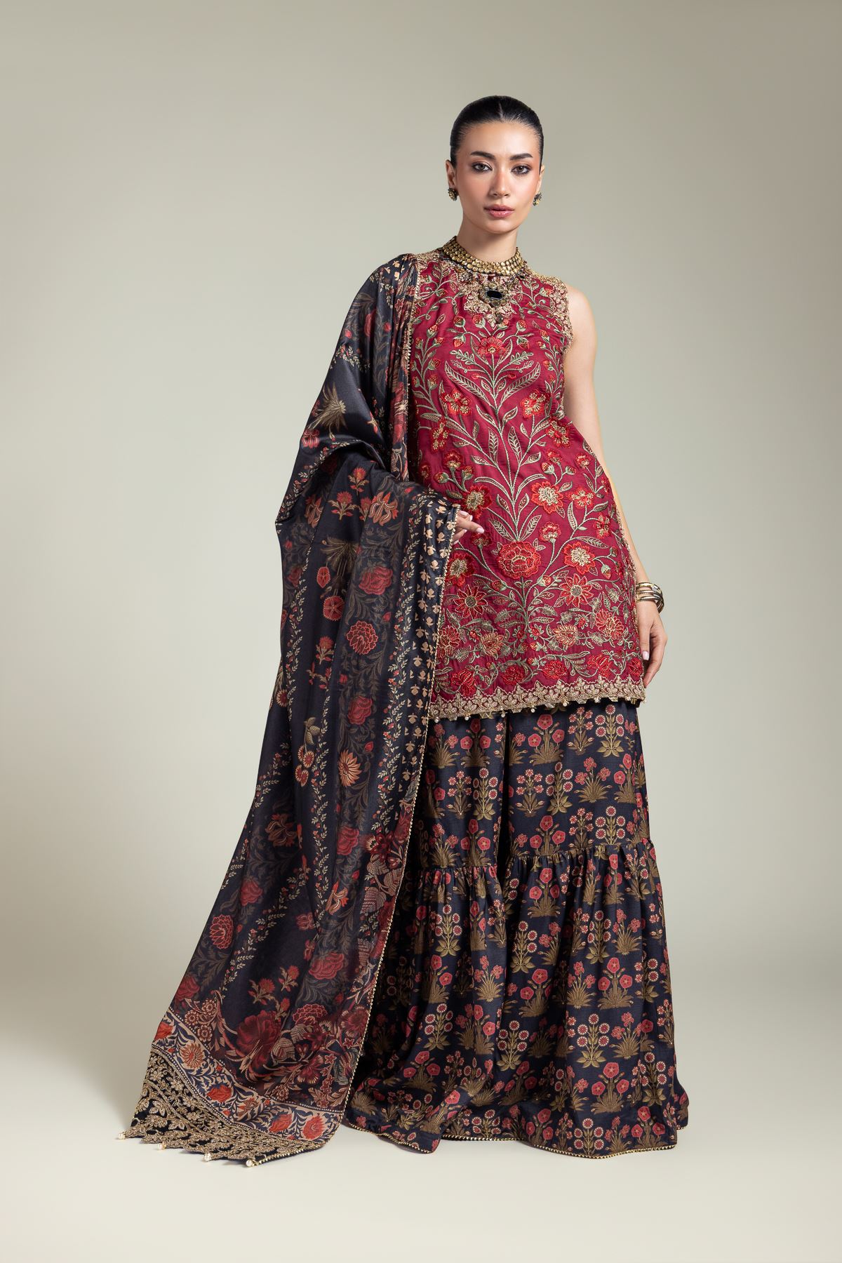Embroidered Raw Silk Three-Piece Silk Set - 12-26-115-F-B-VG