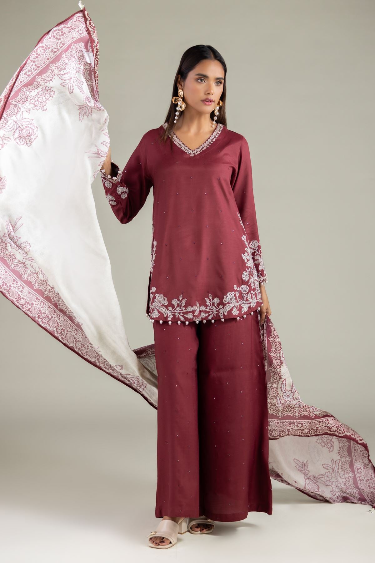 Embroidered Raw Silk Floral Pearl Kurta - 1-26-250-B-H1-VG