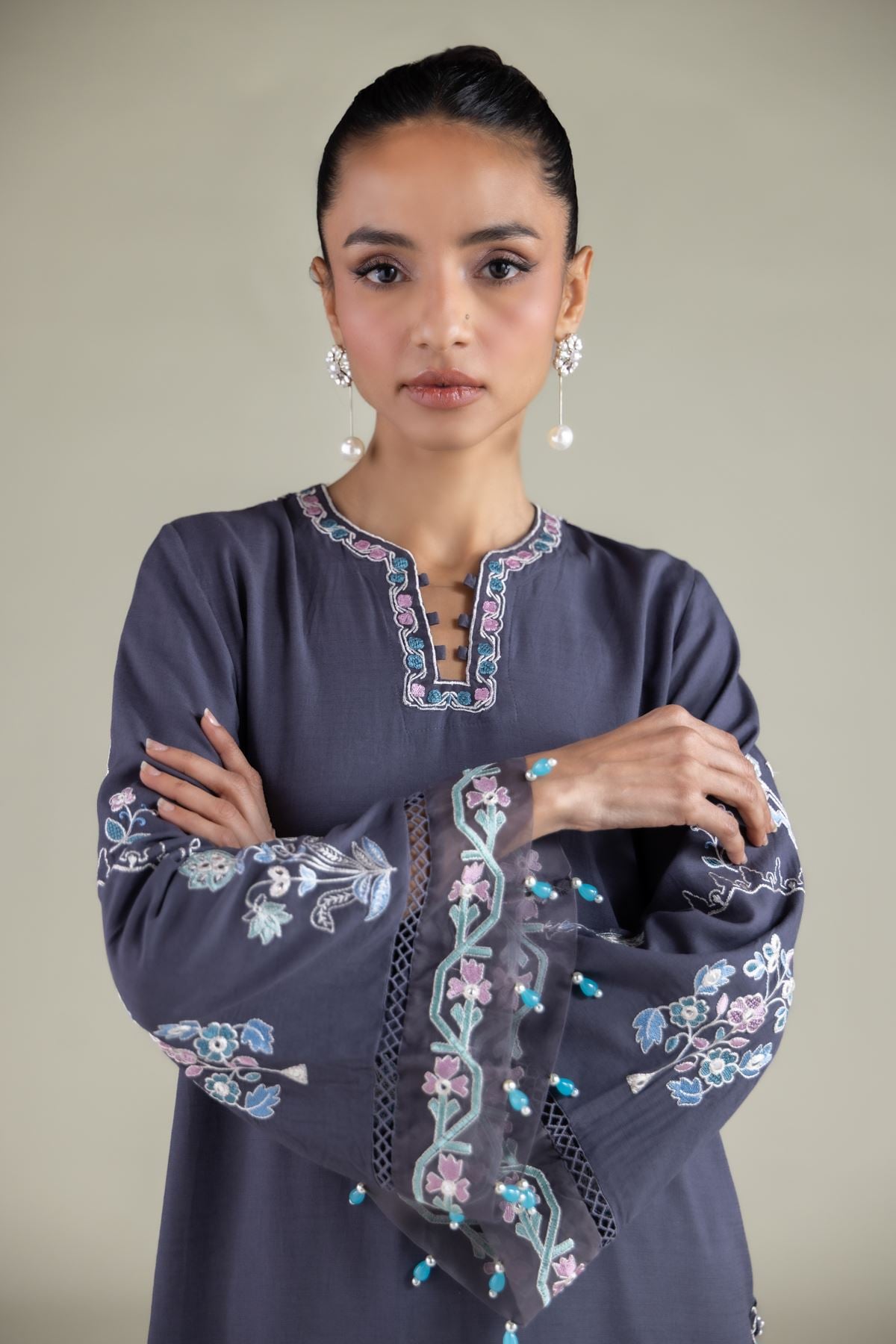 Embroidered Raw Silk Paisley Pearl Kurta - 1-26-126-A-A-VG