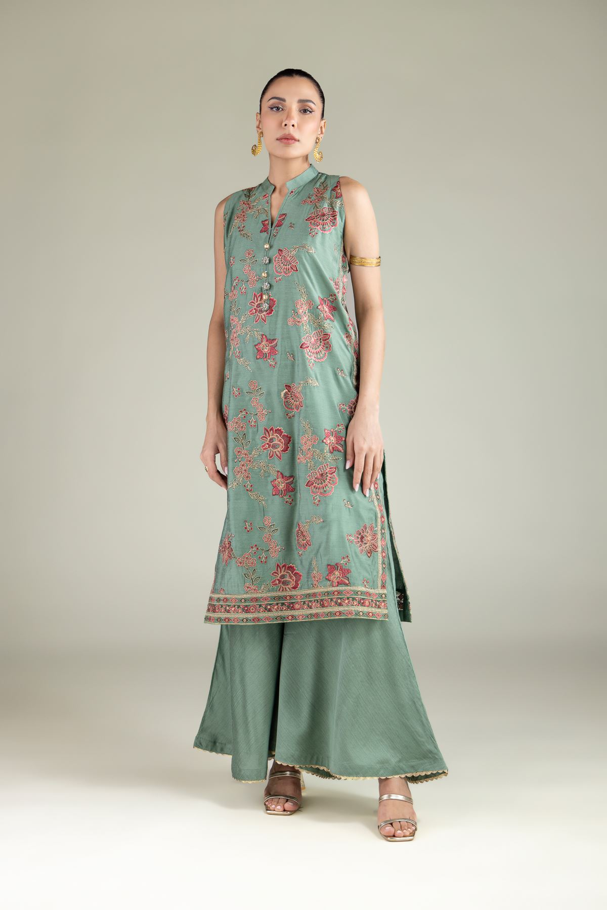 Embroidered Raw Silk Sleeveless Longline Kurta - 2-26-102-A-H-VG
