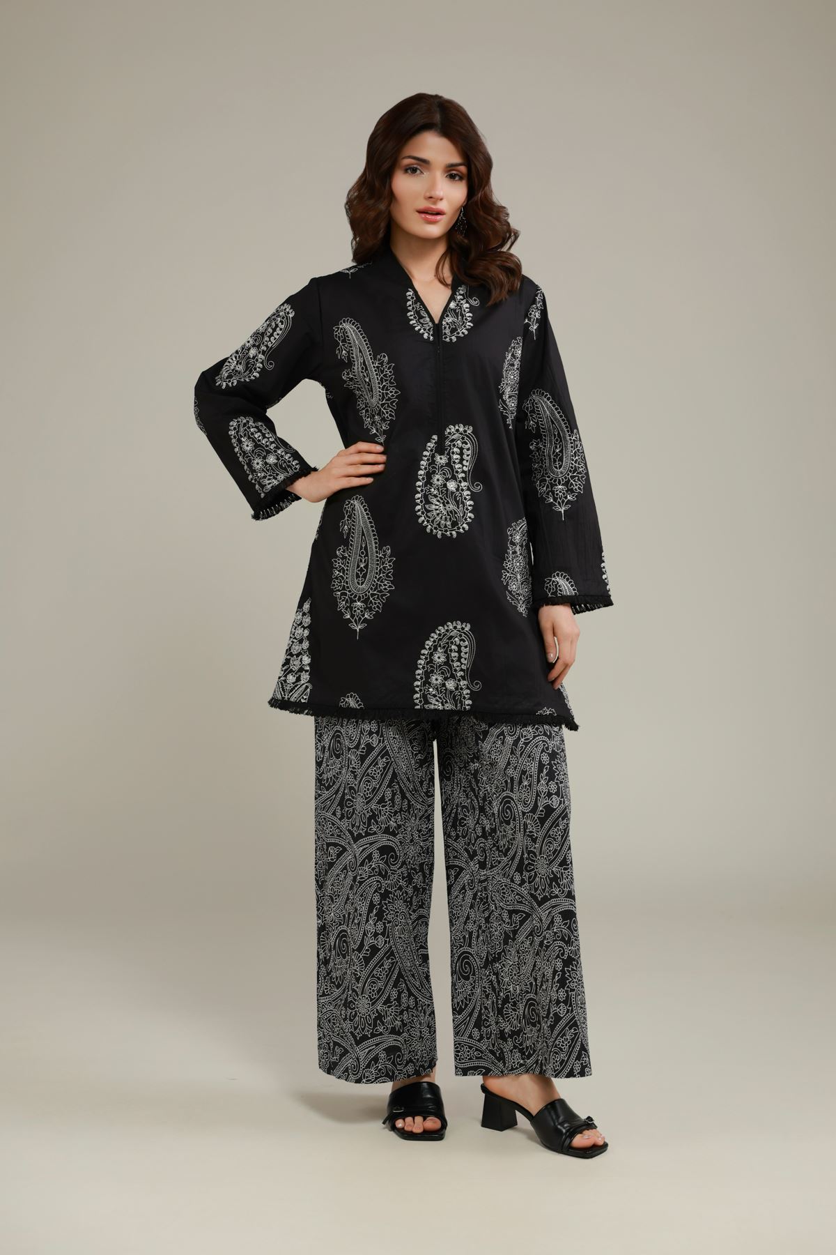 Embroidered Cotton Crinkle Paisley V-Neck Kurta - 25-09-10E2-03TA-VG