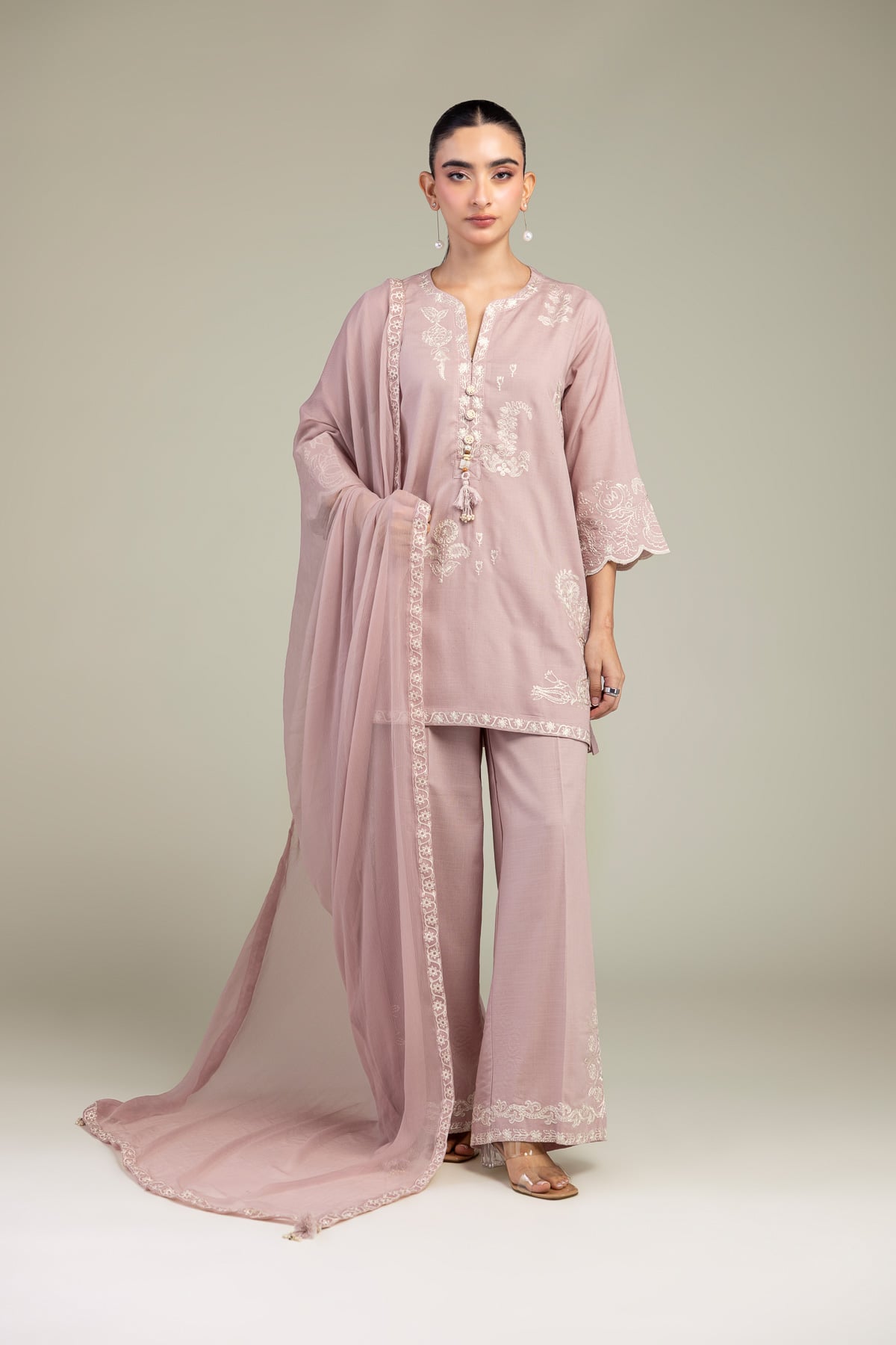 Embroidered Raw Silk V-Neck Pink Kurta - 1-26-309-B-D1-VG