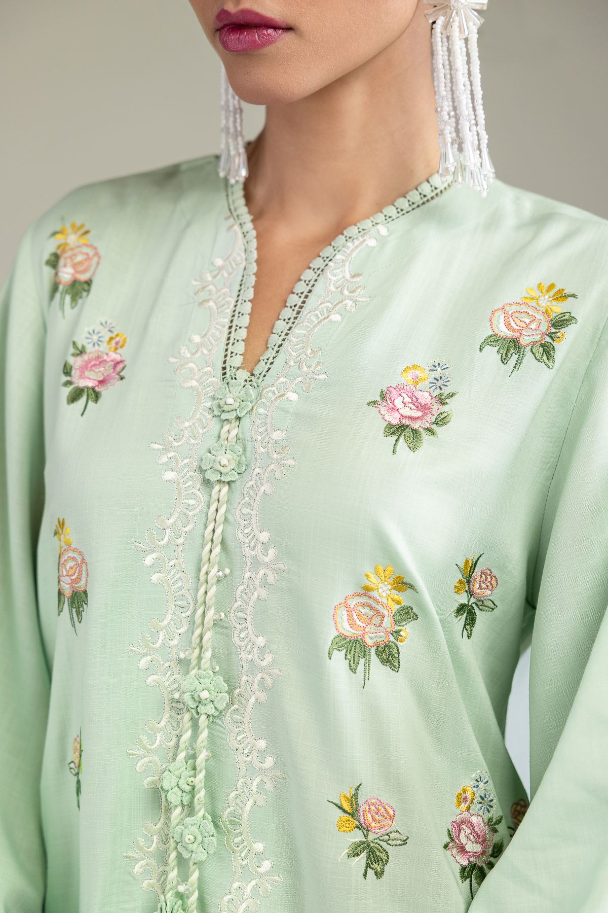 Embroidered Raw Silk Mint Silk Kurta - T-A11-26-114FF1-VG