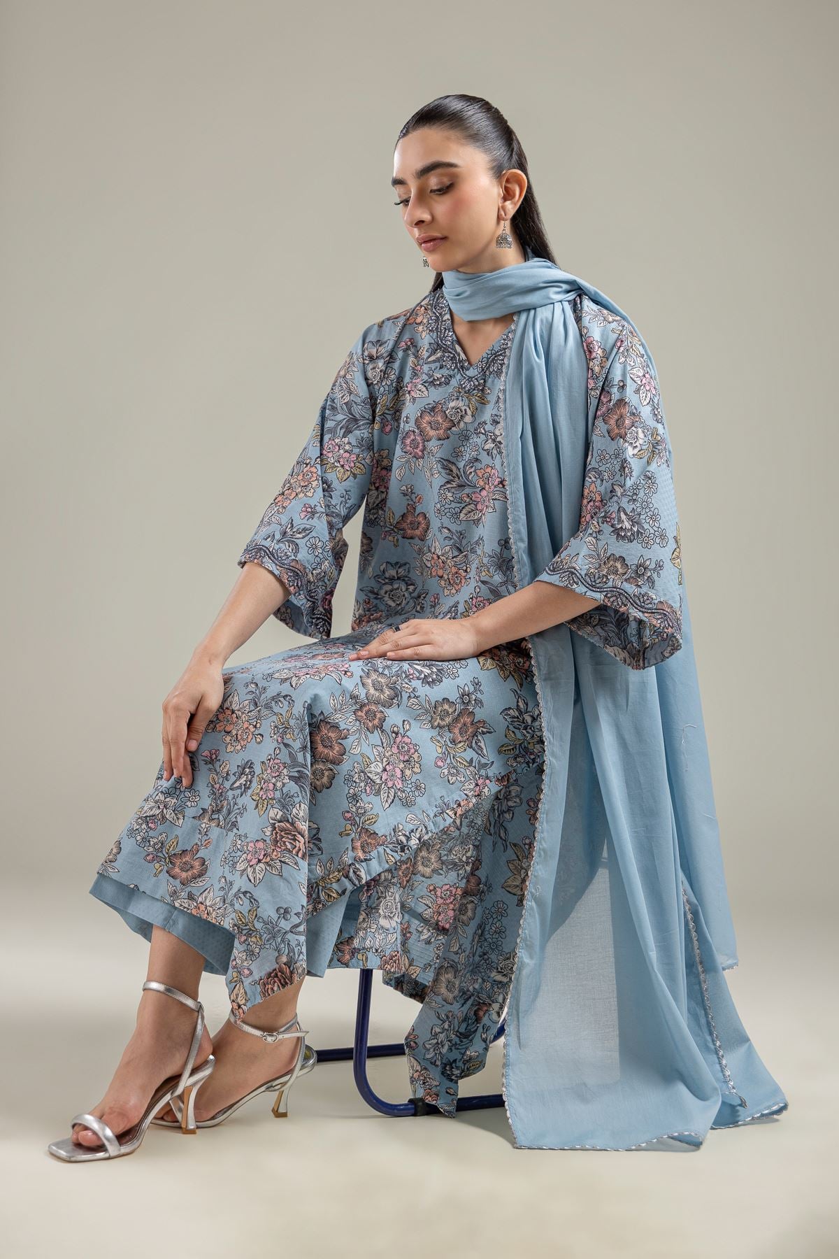 Embroidered Cotton Dobby Blue Longline Kurta - 2-26-107-A-F-VG