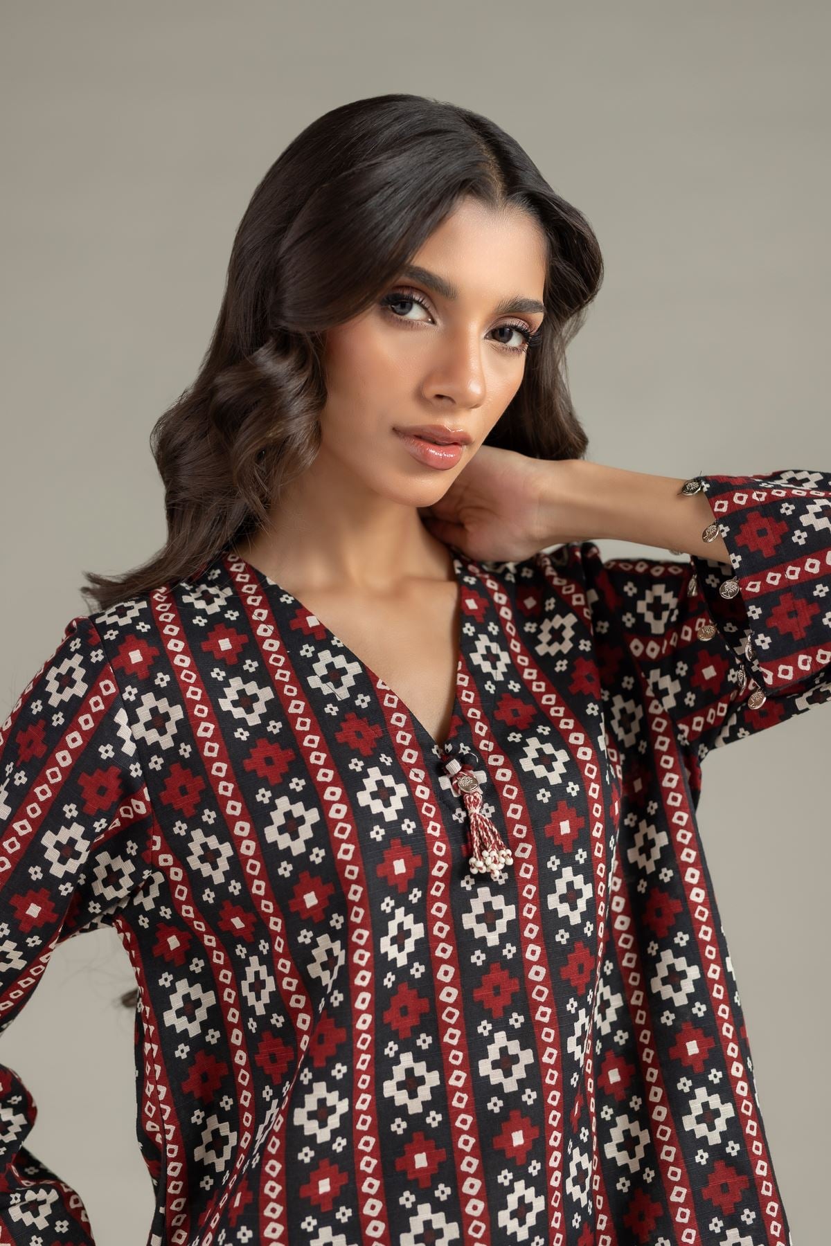 Printed Khaddar Geometric Tassel Kurta - 25-08-12E8-11TA-VG