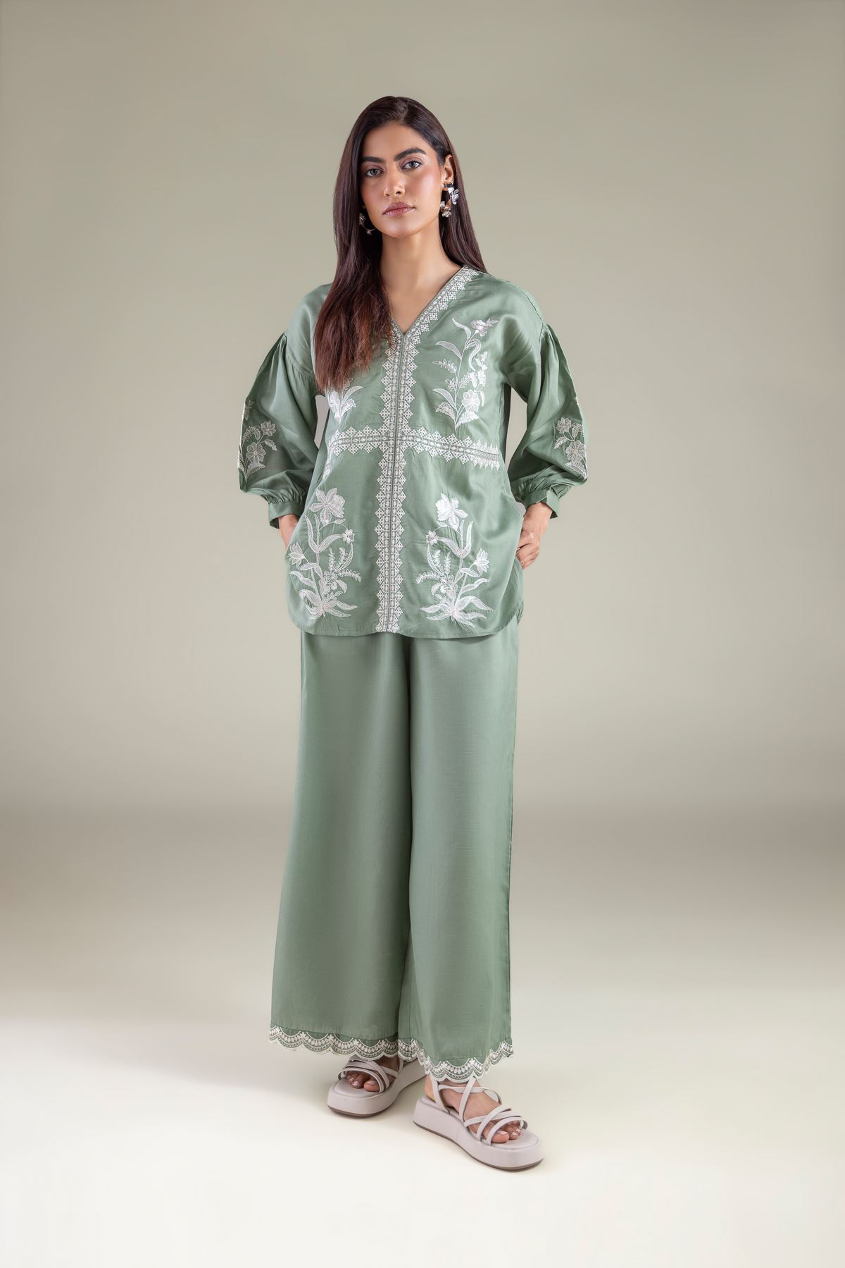 Embroidered Textured Weave Trousers - 6-26-104-A-F-VG