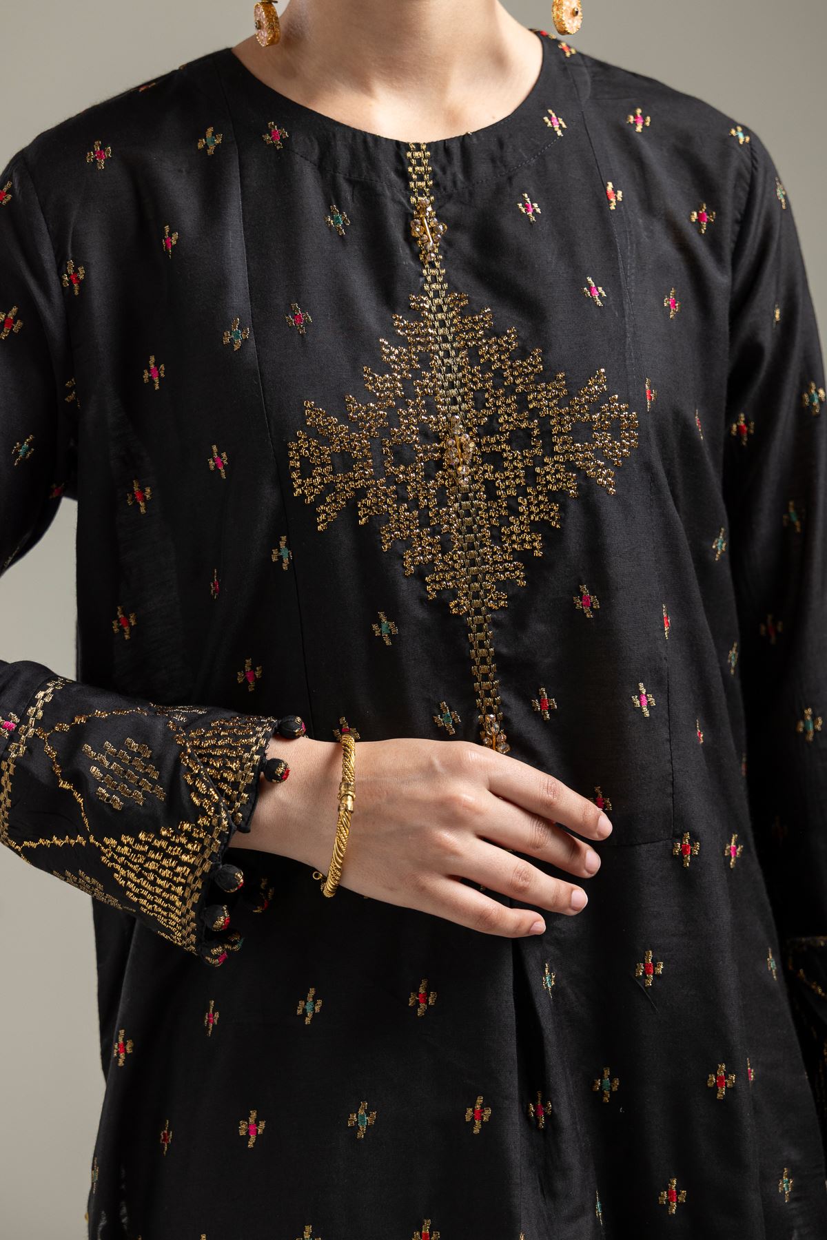 Raw Silk Short Black Kurta - 2-26-107-A-F-VG