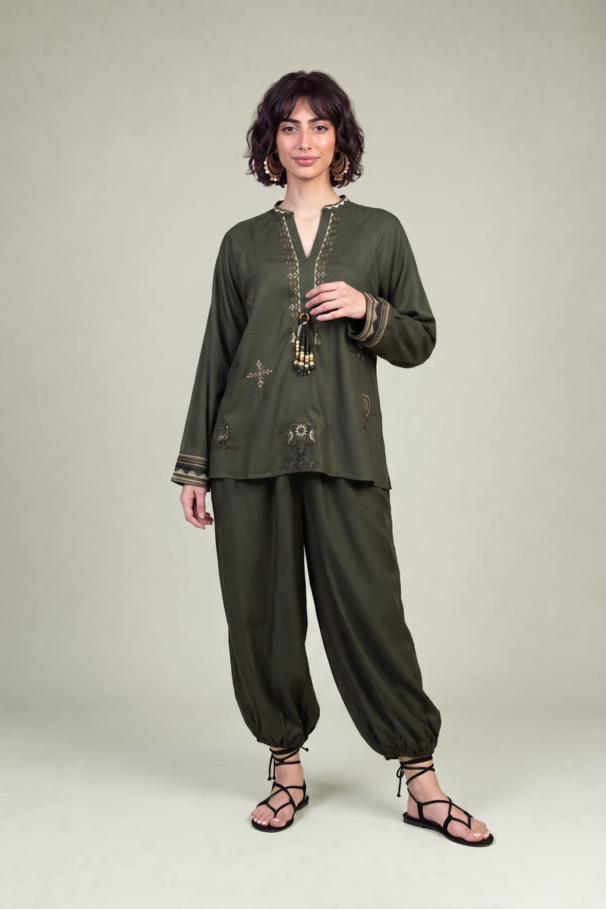 Embroidered Viscose Crepe V-Neck Olive Tunic - 1-26-309-B-D1-VG