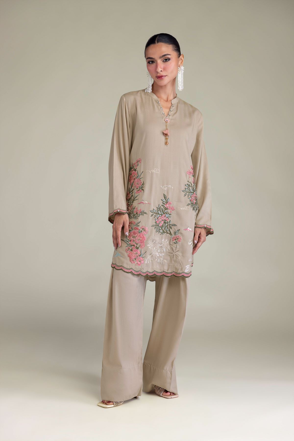 Embroidered Raw Silk Band Collar Kurta - 2-26-202-A-B-VG