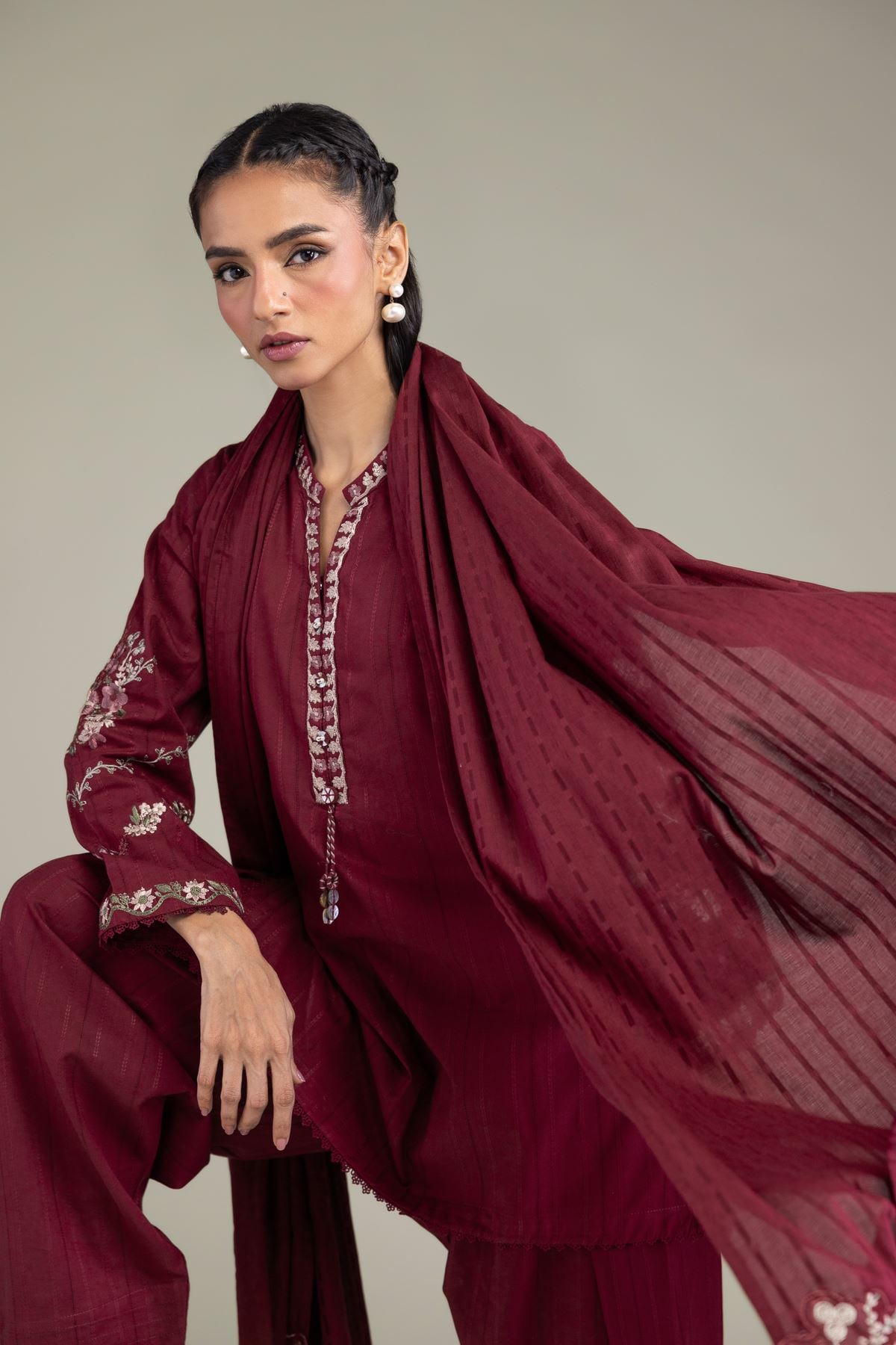 Embroidered Textured Cotton Floral Maroon Dupatta - 1-26-131-A-B-VG