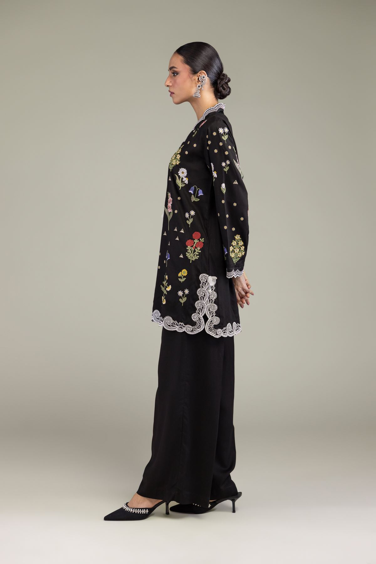 Embroidered Raw Silk Solid Black Pants - 2-26-209-A-C1-VG
