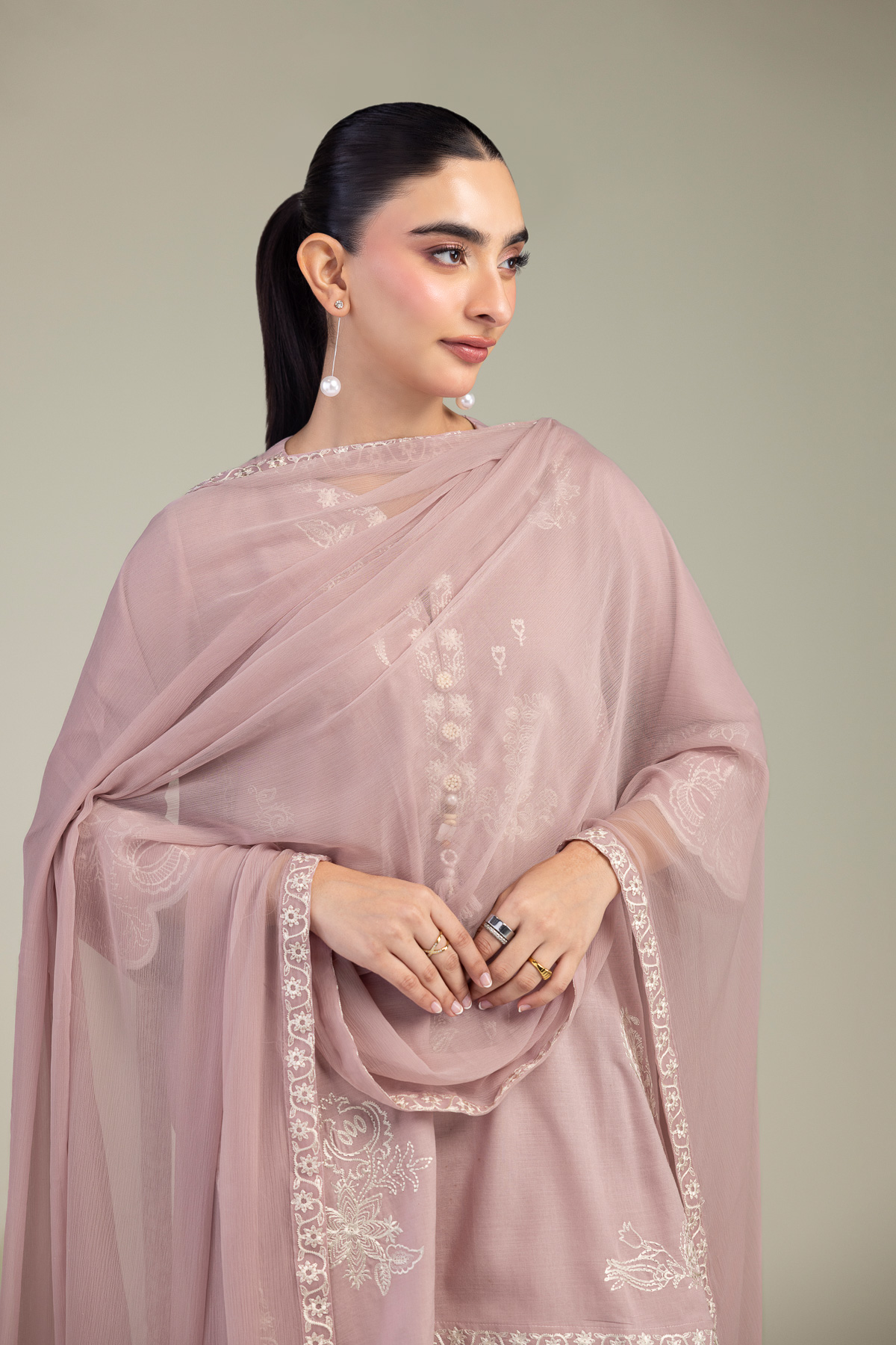 Embroidered Chiffon Pink Floral Dupatta - 1-26-309-B-D1-VG