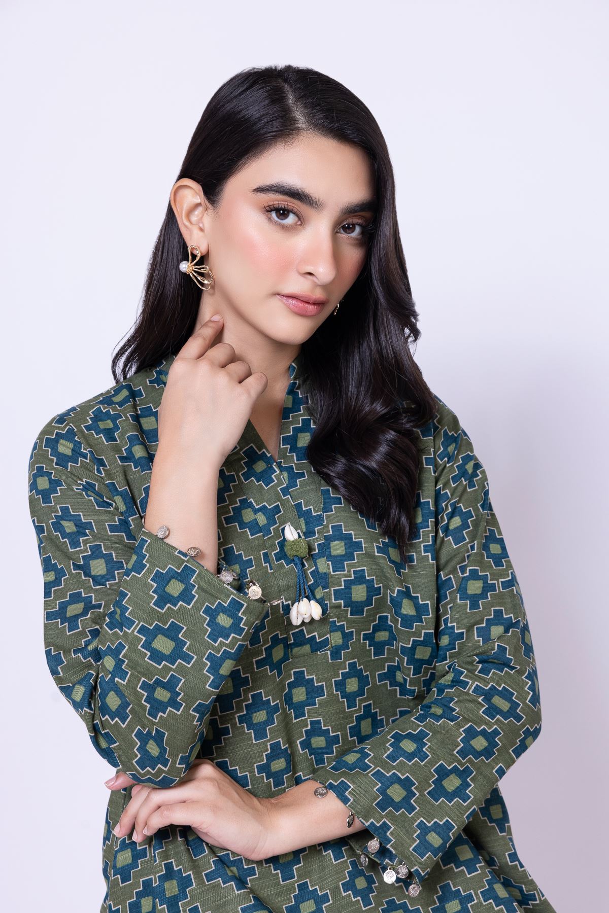 Printed Khaddar V-Neck Geometric Kurta - 25-02E23-04TB-VG