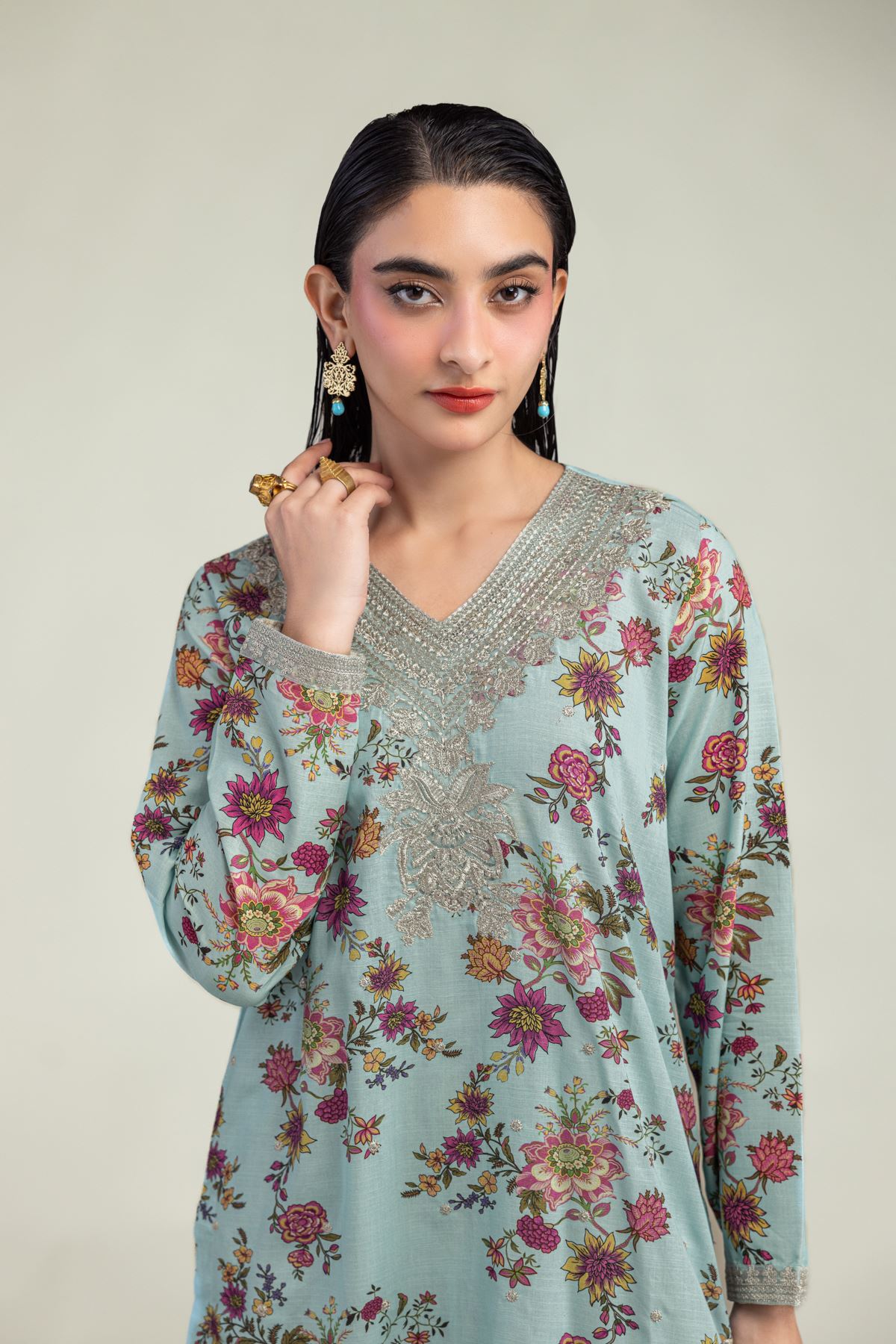 Embroidered Raw Silk Floral Silk Kurta - 8-26-304-A-B1-VG