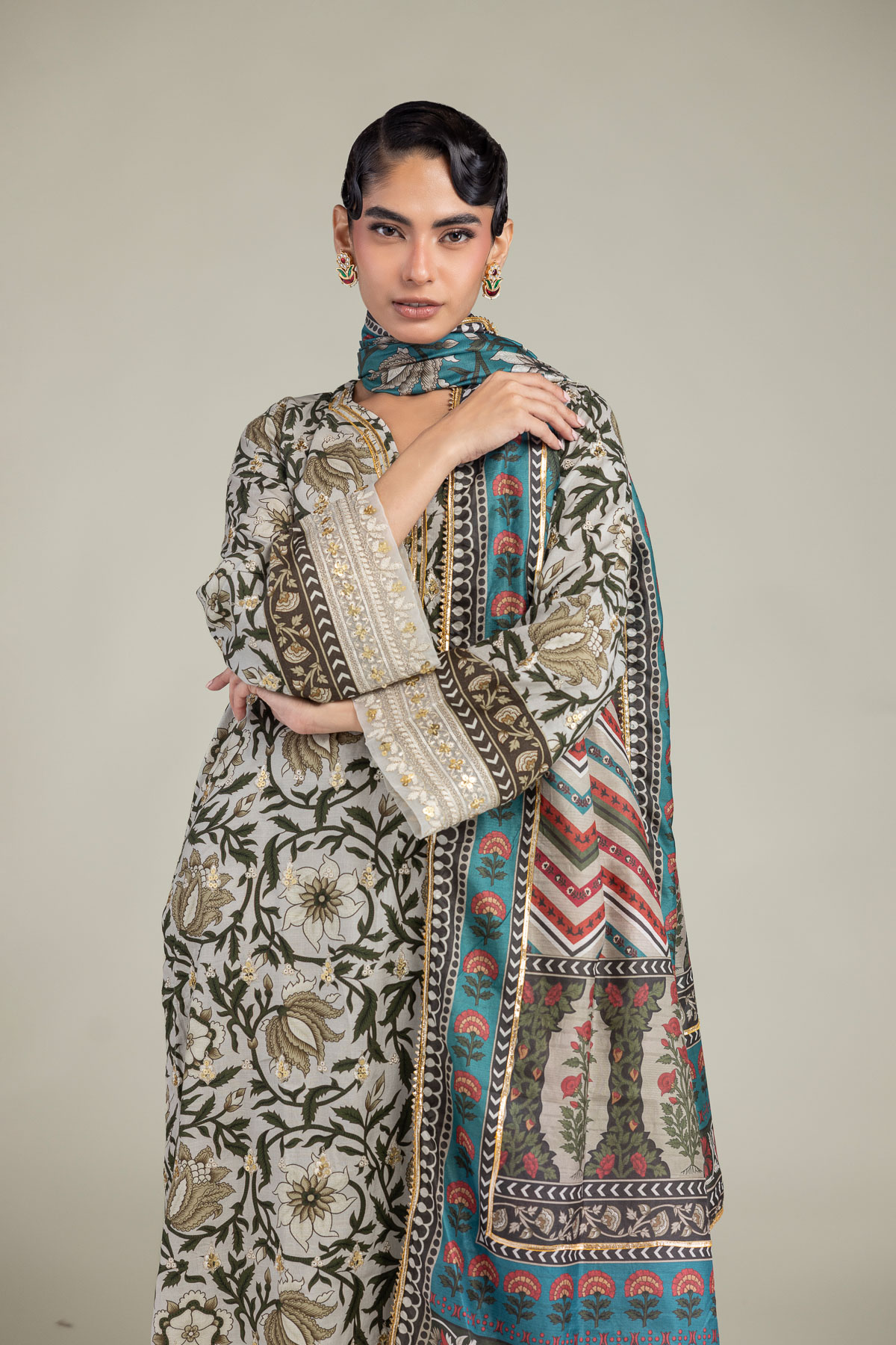 Embroidered Polyester Silk Floral Teal Dupatta - 2-26-308-A-G1-VG