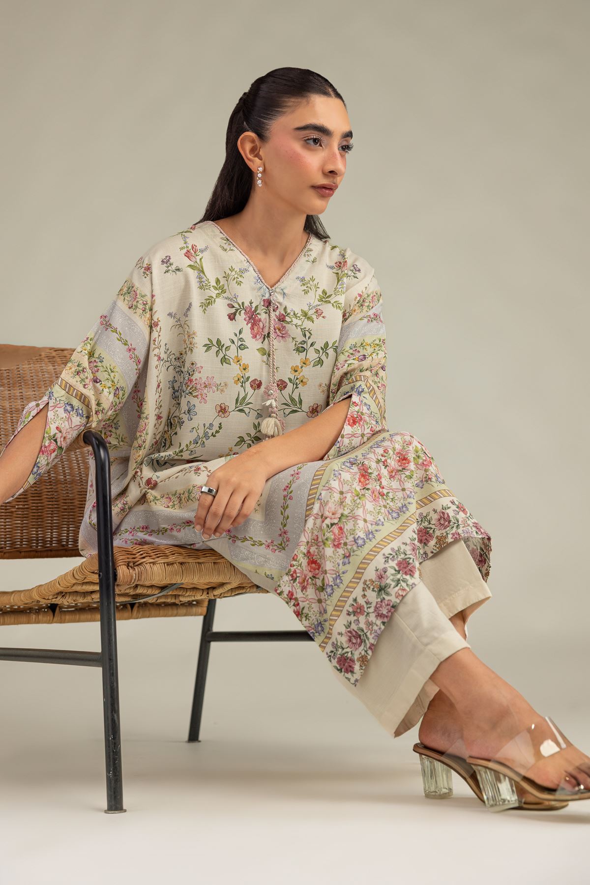 Printed Raw Silk Solid Silk Pants - 1-26-102-A-F-VG