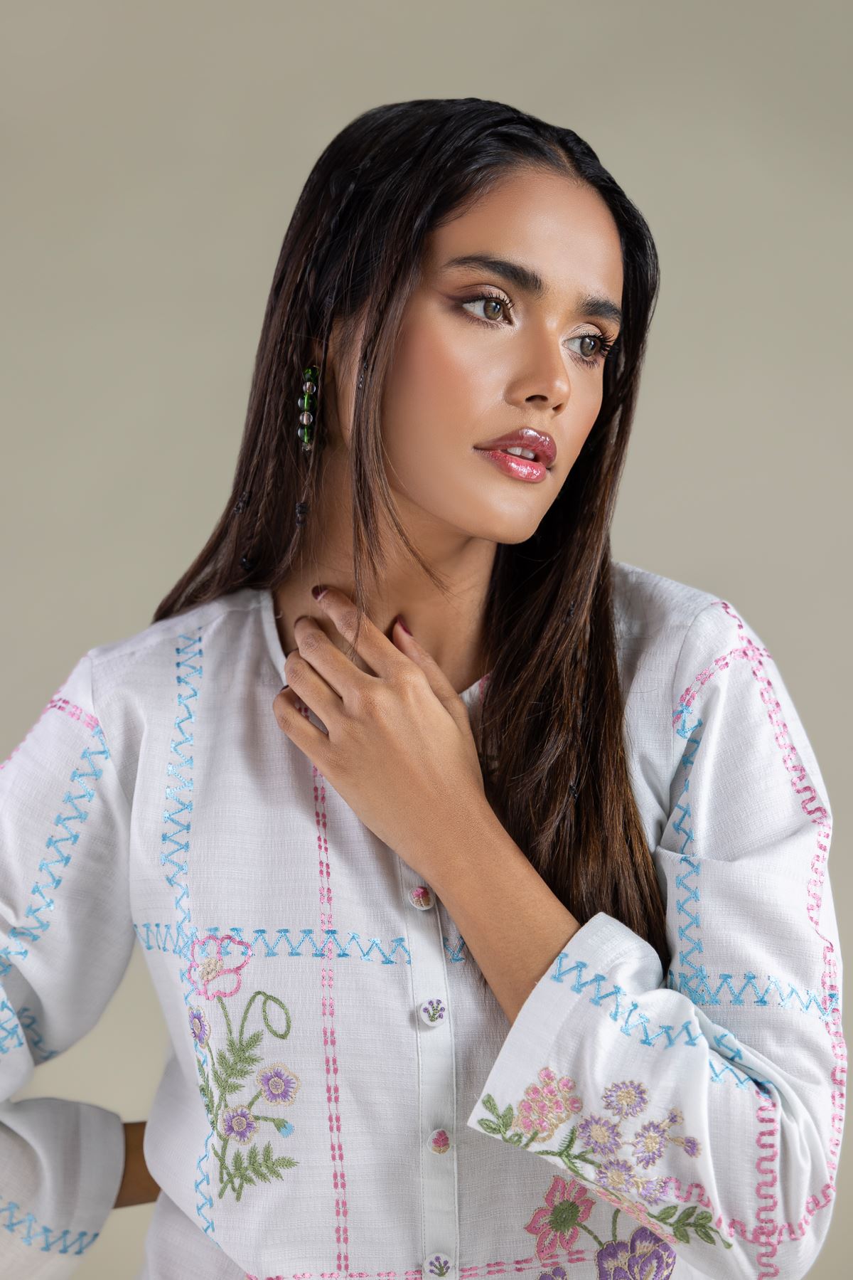 Embroidered Cotton Dobby Buttoned Floral Kurta - 1-26-105-A-H-VG