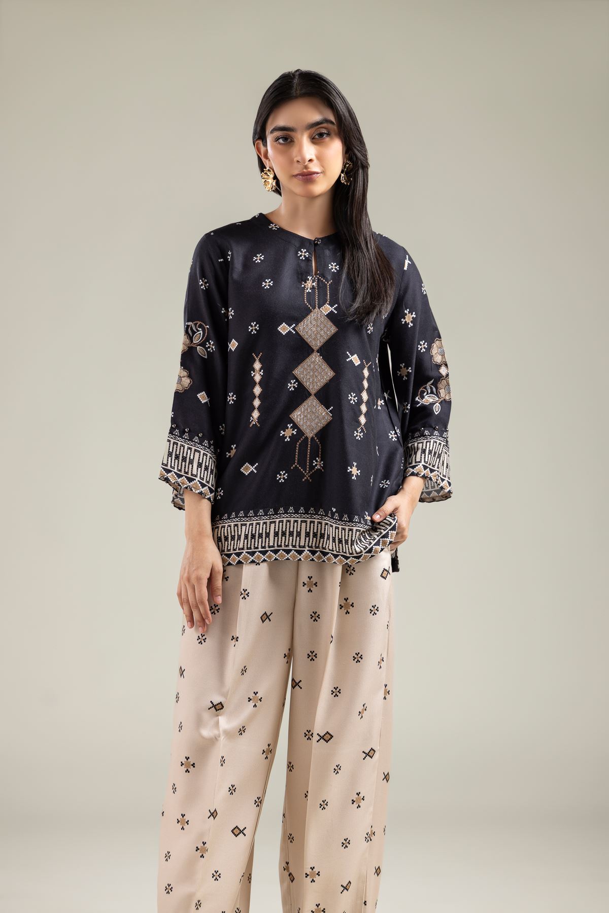 Embroidered Viscose Crepe Black Viscose Tunic - 1-26-142-A-D-VG