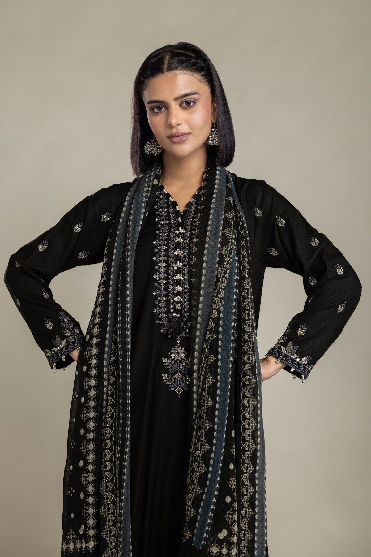 Embroidered Raw Silk Black Tailored 3-Piece - 1-26-408-A-B1-VG