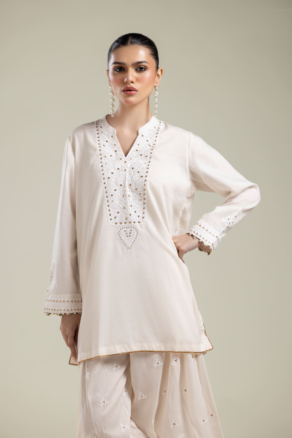 Embroidered Textured Weave Short V-Neck Kurta - 1-26-106-A-D-VG
