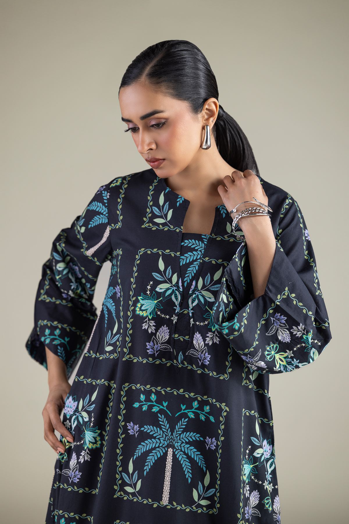 Embroidered Cambric Long Printed Kurta - 1-26-144-A-B-VG