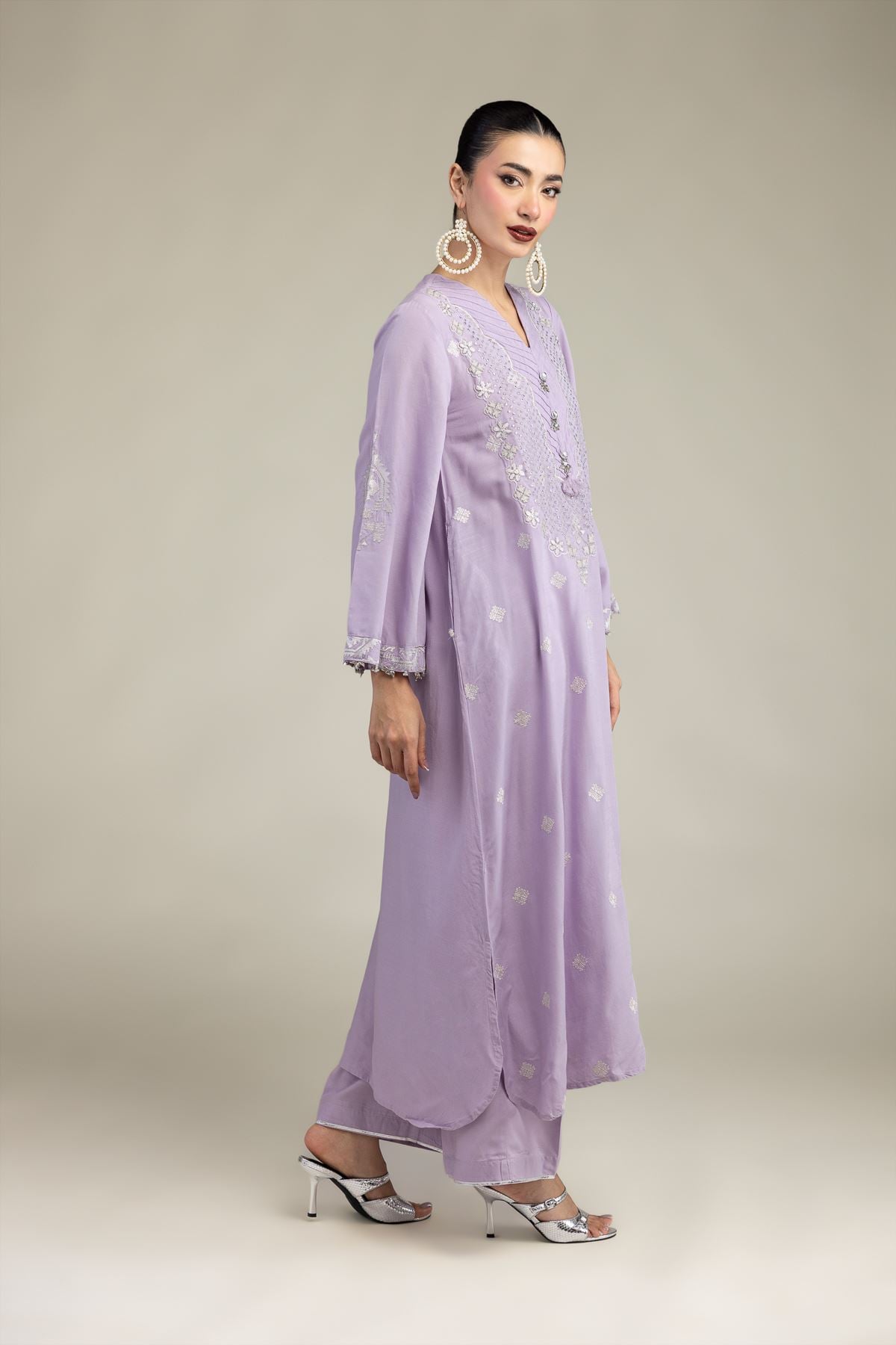 Embroidered Raw Silk Solid Lavender Pants - 2-26-207-A-C1-VG