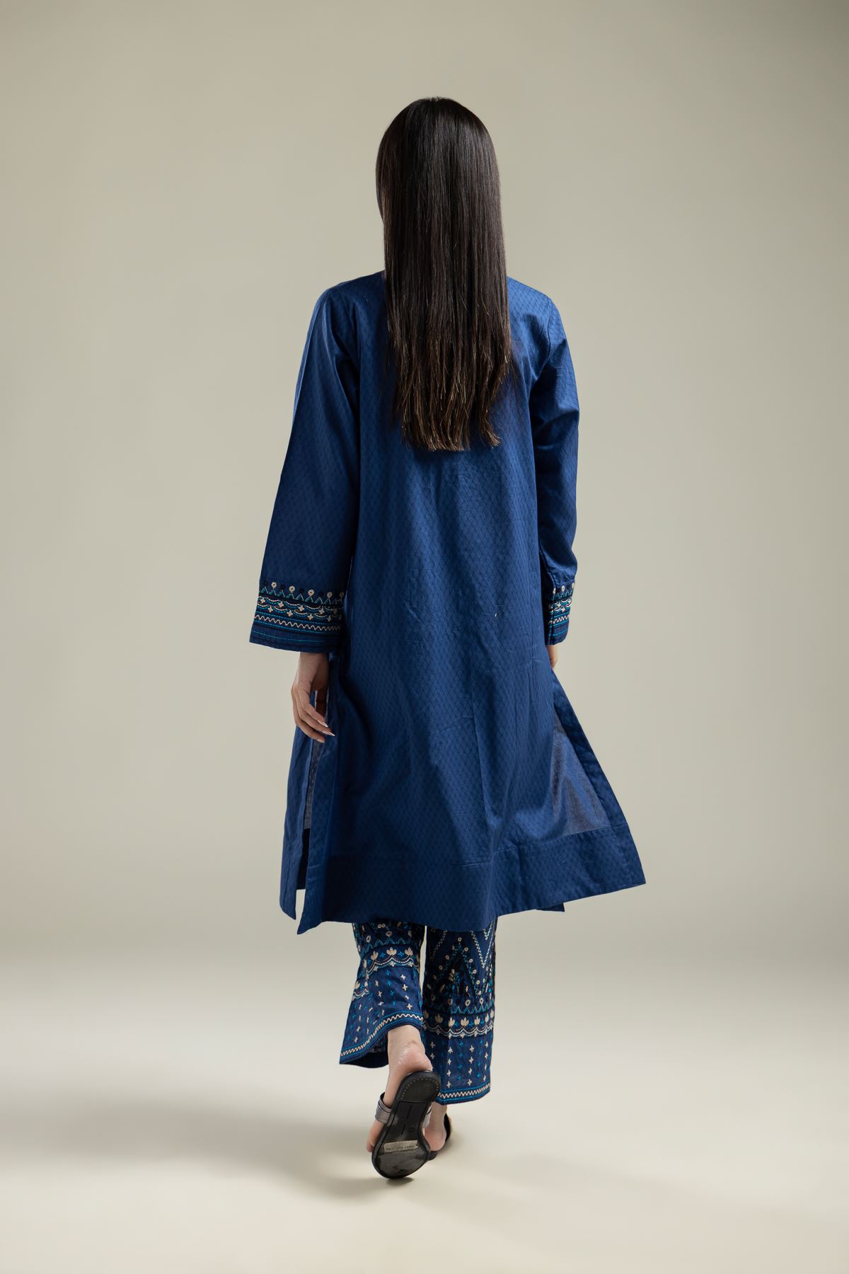Embroidered Cotton Dobby Blue Longline Kurta - 1-26-204-A-A1-VG