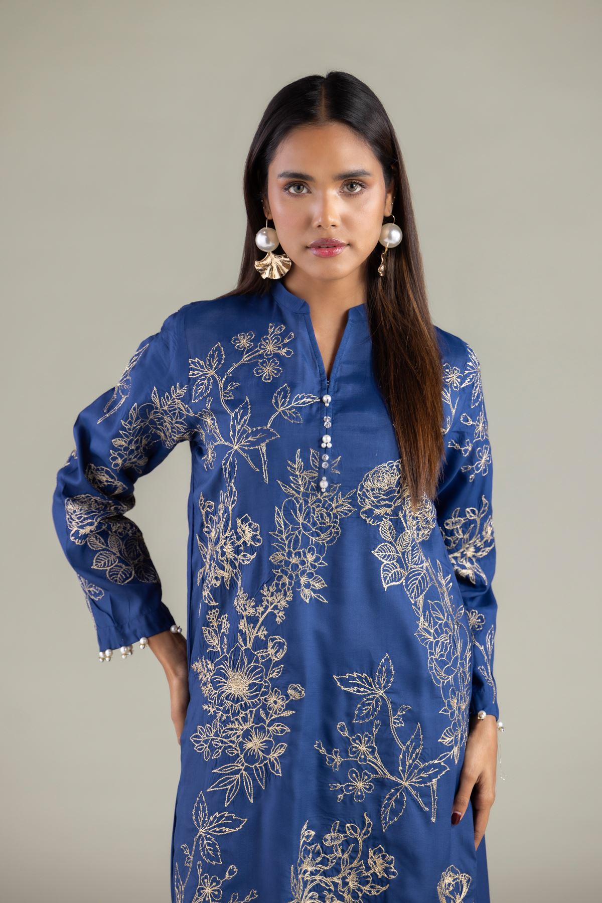 Embroidered Raw Silk Floral Longline Kurta - 2-26-101-A-B-VG