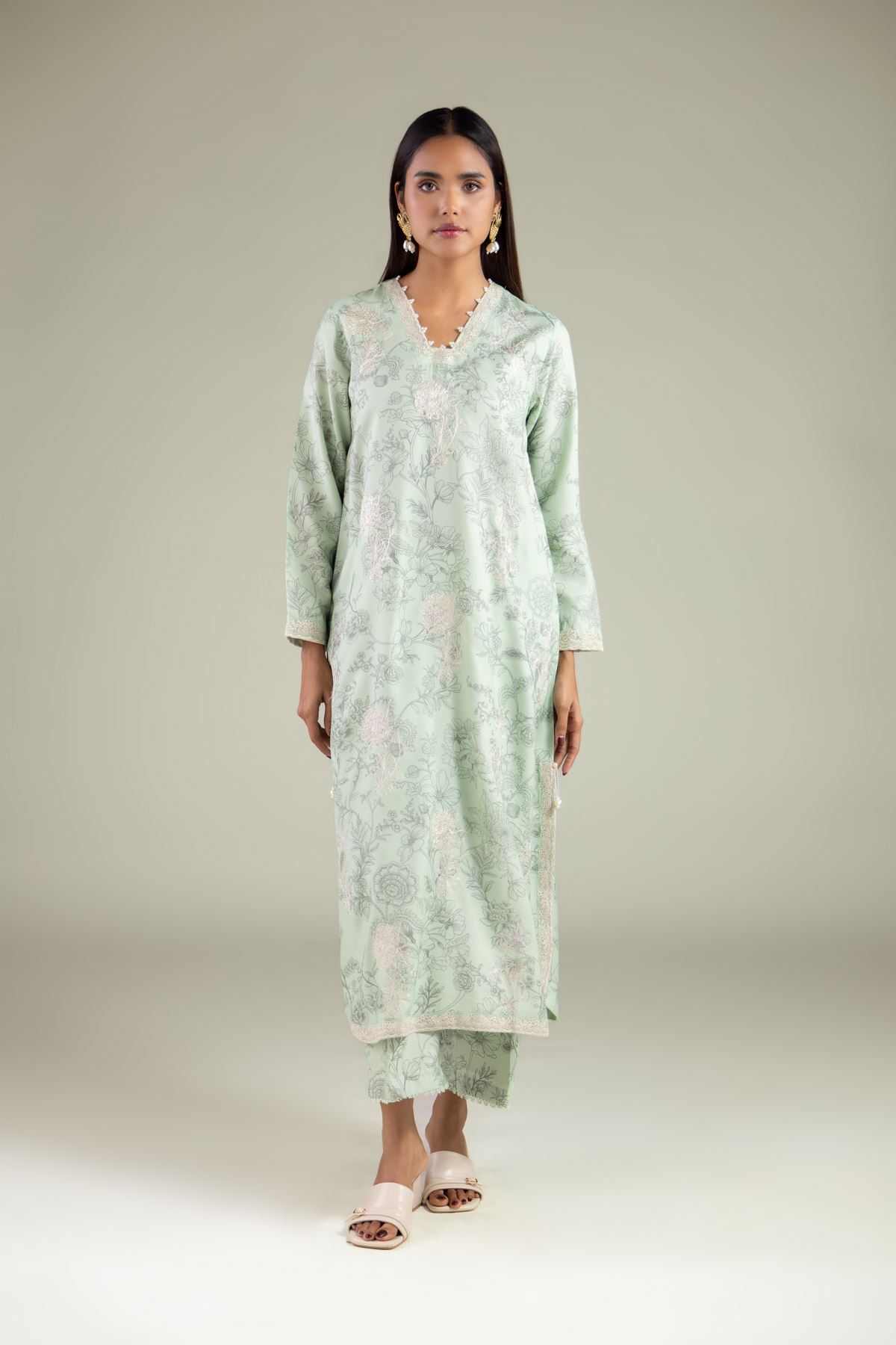 Embroidered Raw Silk Floral Longline Kurta - 1-26-112-A-D-VG