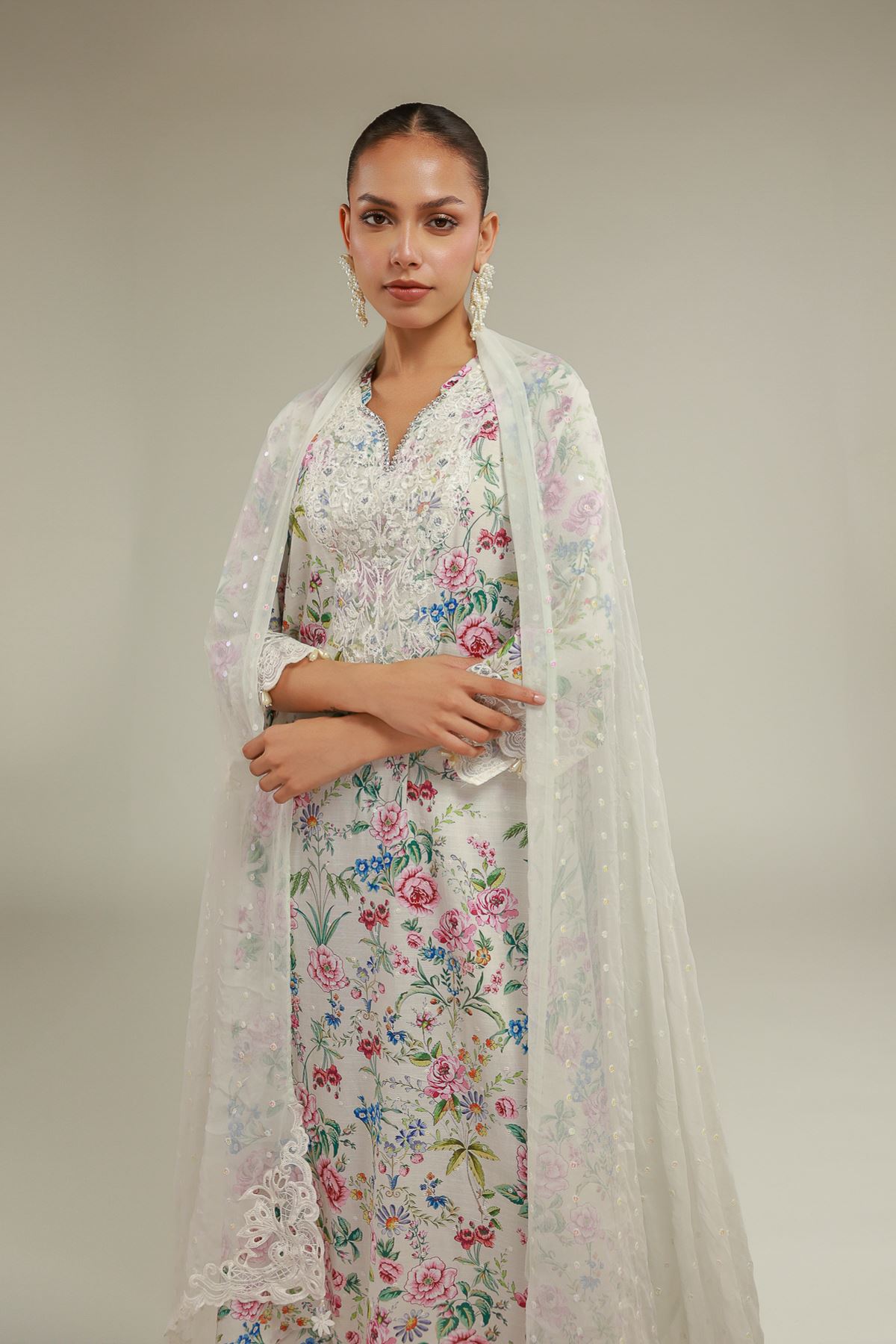 Embroidered Chiffon Lace-Up Summer Dupatta - 2-26-103-A-C-VG