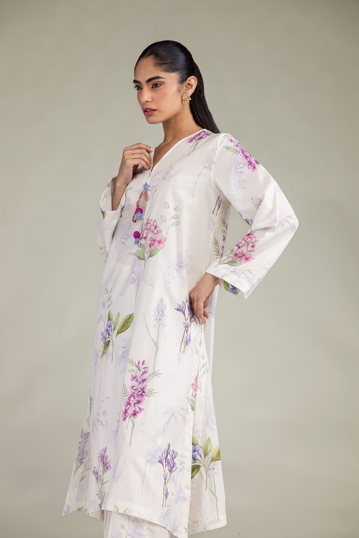 Printed Cotton Viscose White V-Neck Kurta - T-CHD04A-R-VG