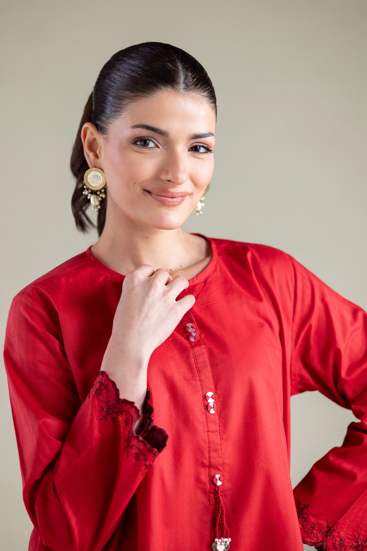 Embroidered Cotton Dobby Short Solid Kurta - 1-26-113-A-B-VG