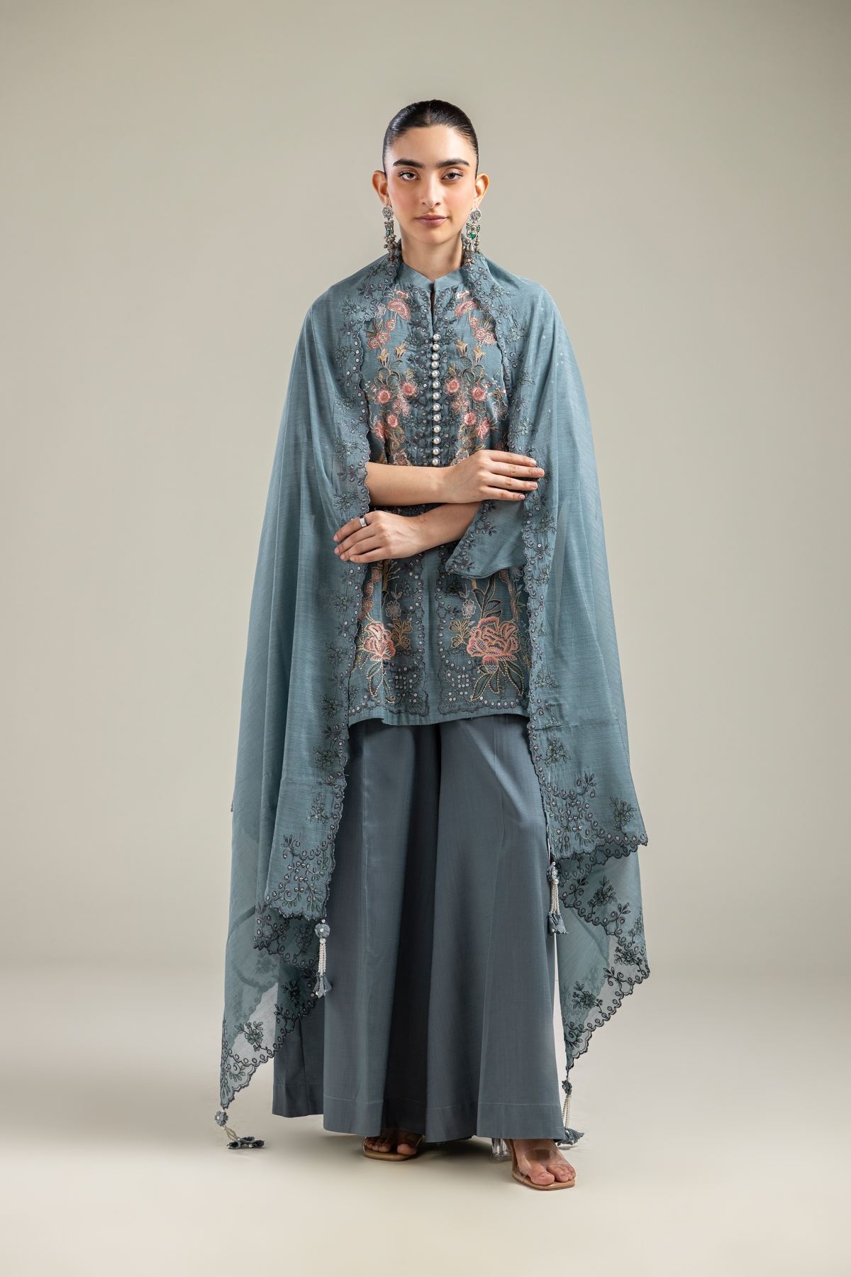 Paper Silk Floral Teal Dupatta - 2-26-202-A-G-VG