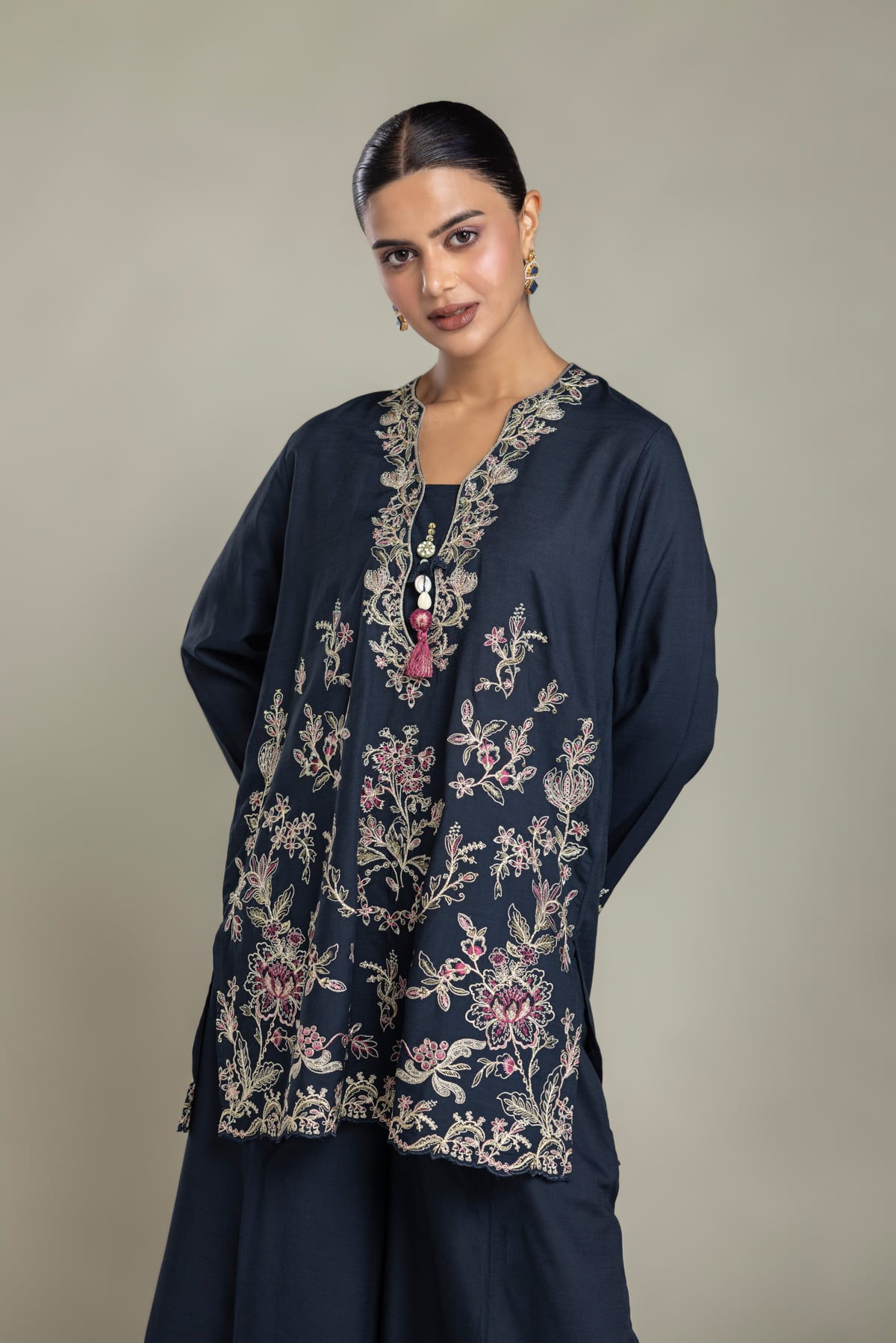 Embroidered Raw Silk Short Navy Kurta - 2-26-202-A-D-VG