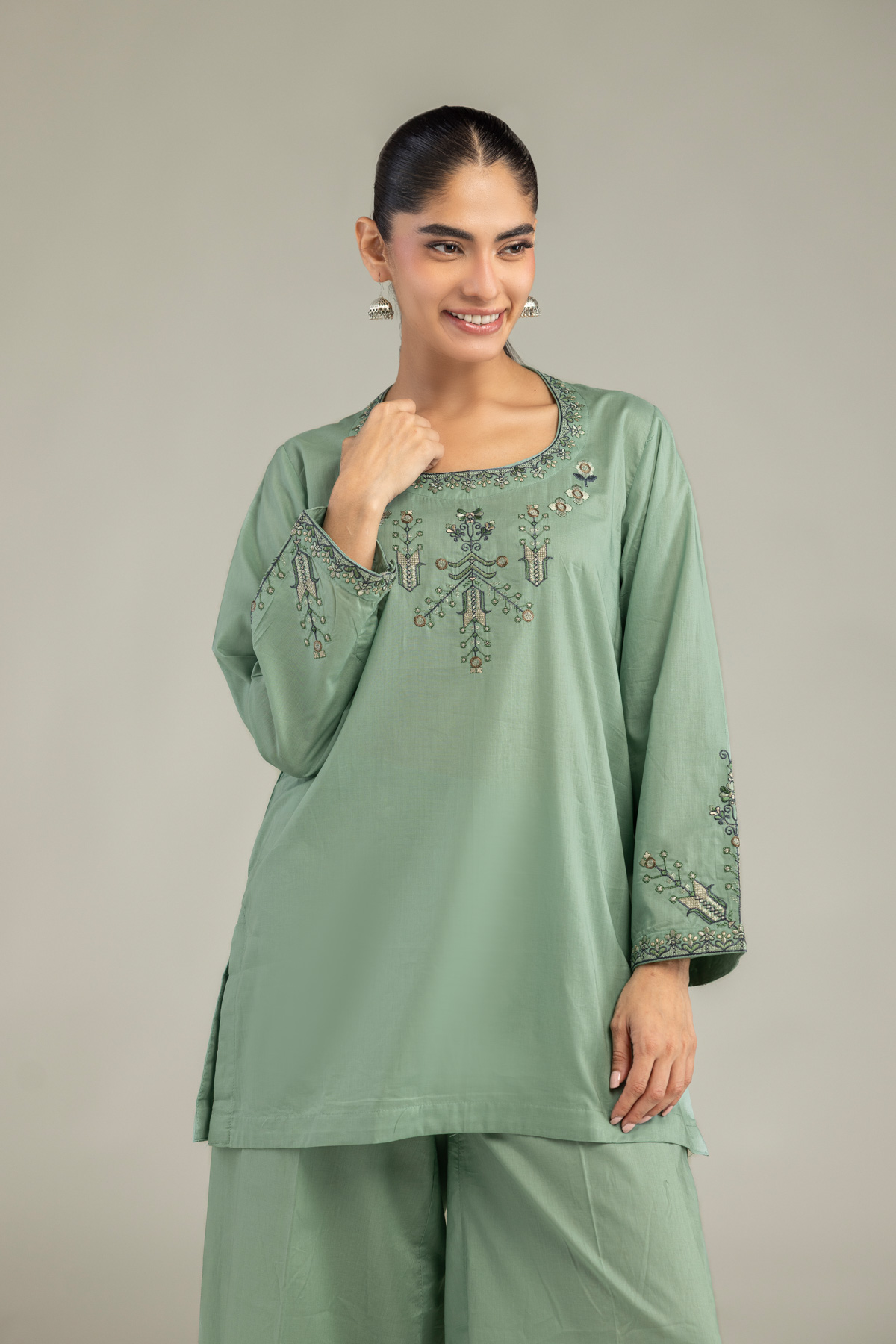 Embroidered Cambric Green Cambric Kurta - 1-26-102-A-F-VG