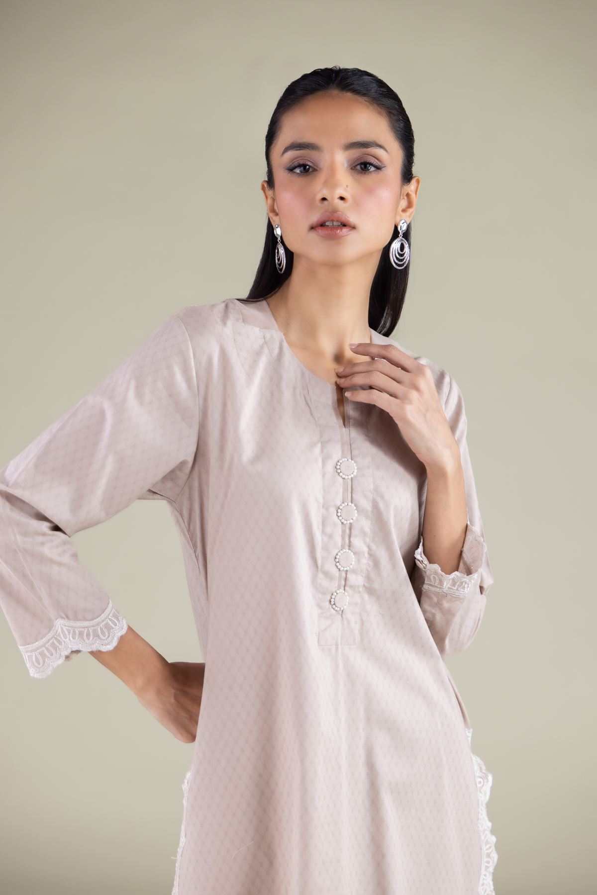 Embroidered Cotton Dobby Lace Longline Kurta - 1-26-125-A-D-VG
