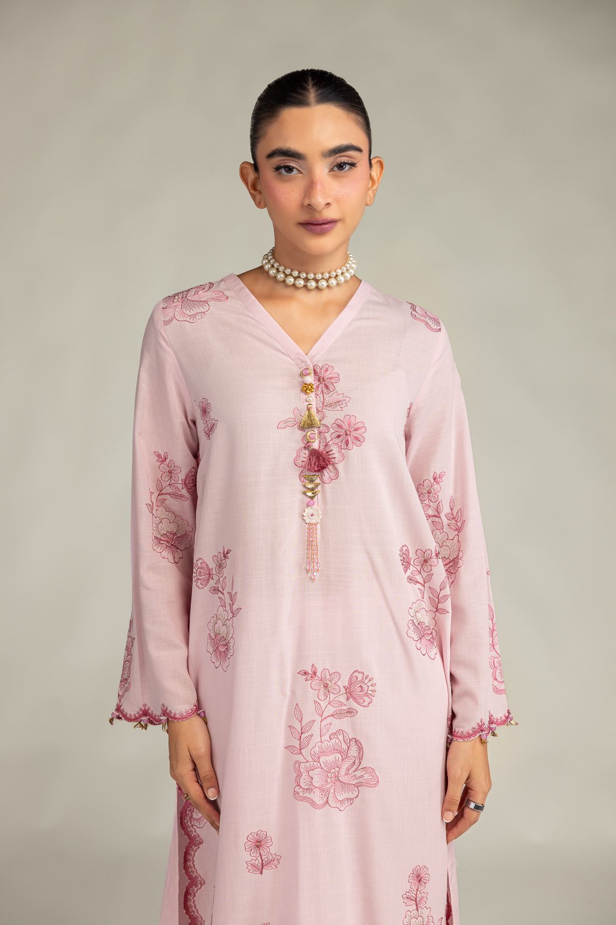Embroidered Raw Silk Pink Longline Kurta - 1-26-322-B-A1-VG