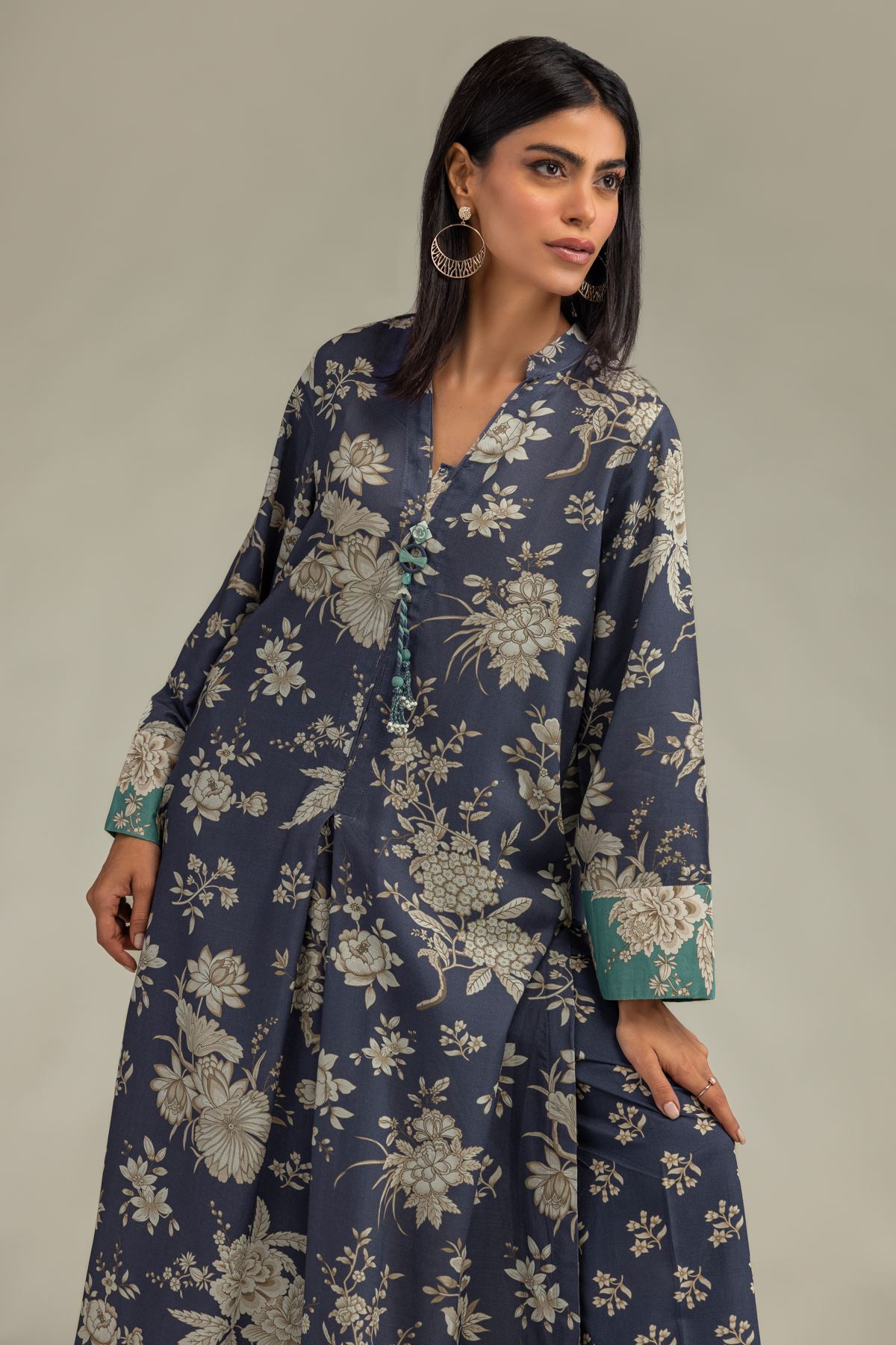 Printed Raw Silk Floral Longline Kurta - 1-26-102-A-F-VG