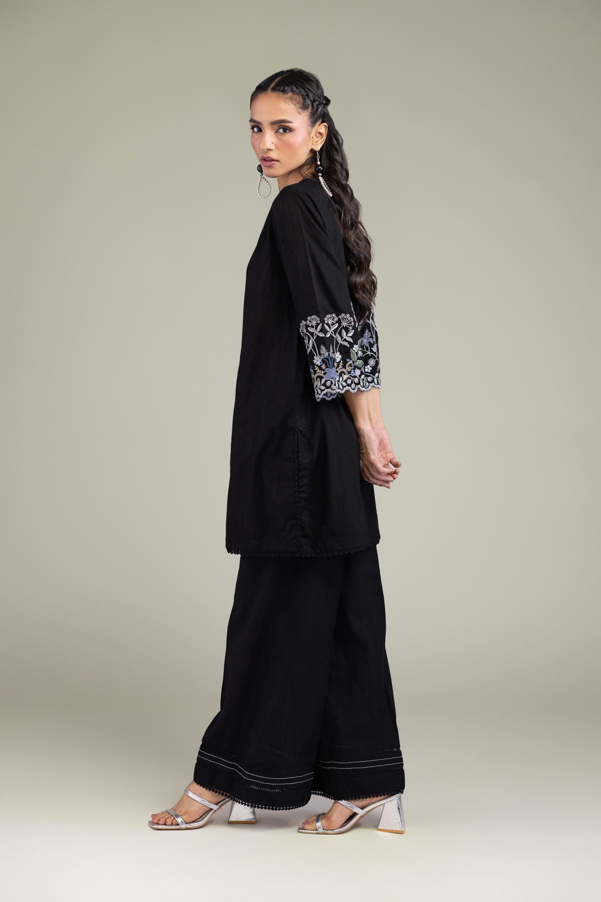 Embroidered Textured Cotton Solid Black Pants - 1-26-131-A-D-VG