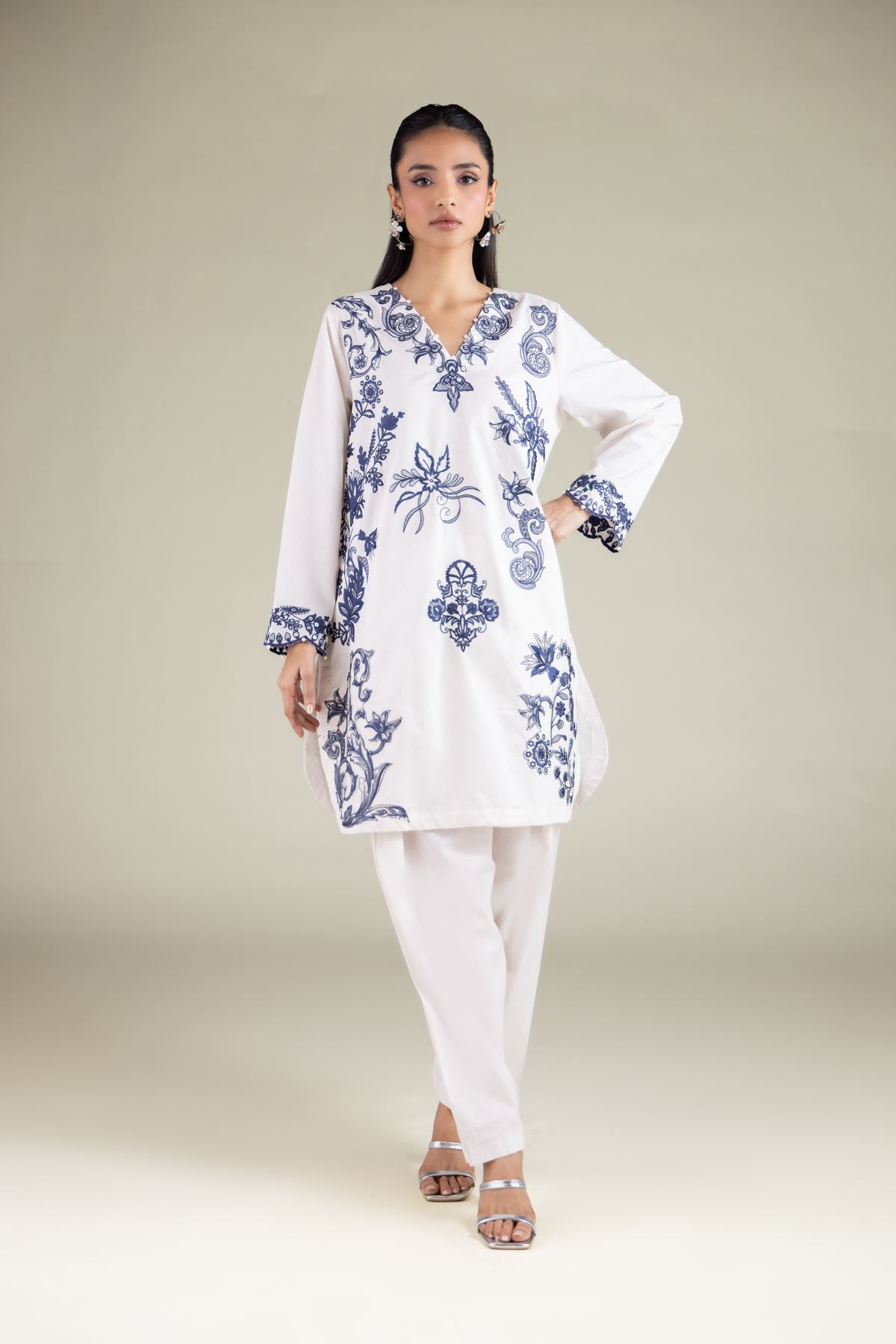 Embroidered Cotton Dobby Floral V-Neck Kurta - 1-26-108-A-F-VG
