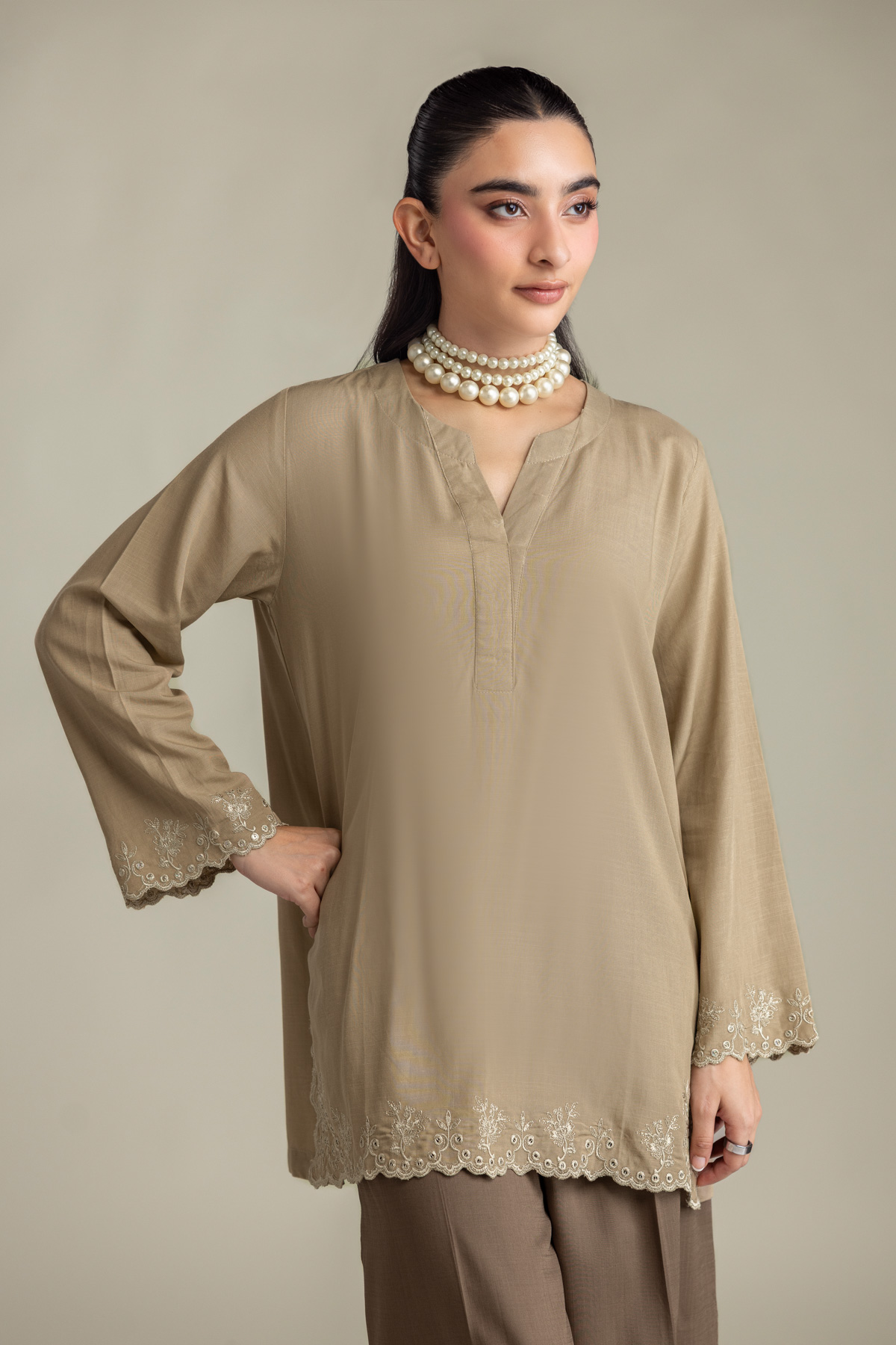 Embroidered Raw Silk V-Neck Beige Kurta - 2-26-418-A-H1-VG