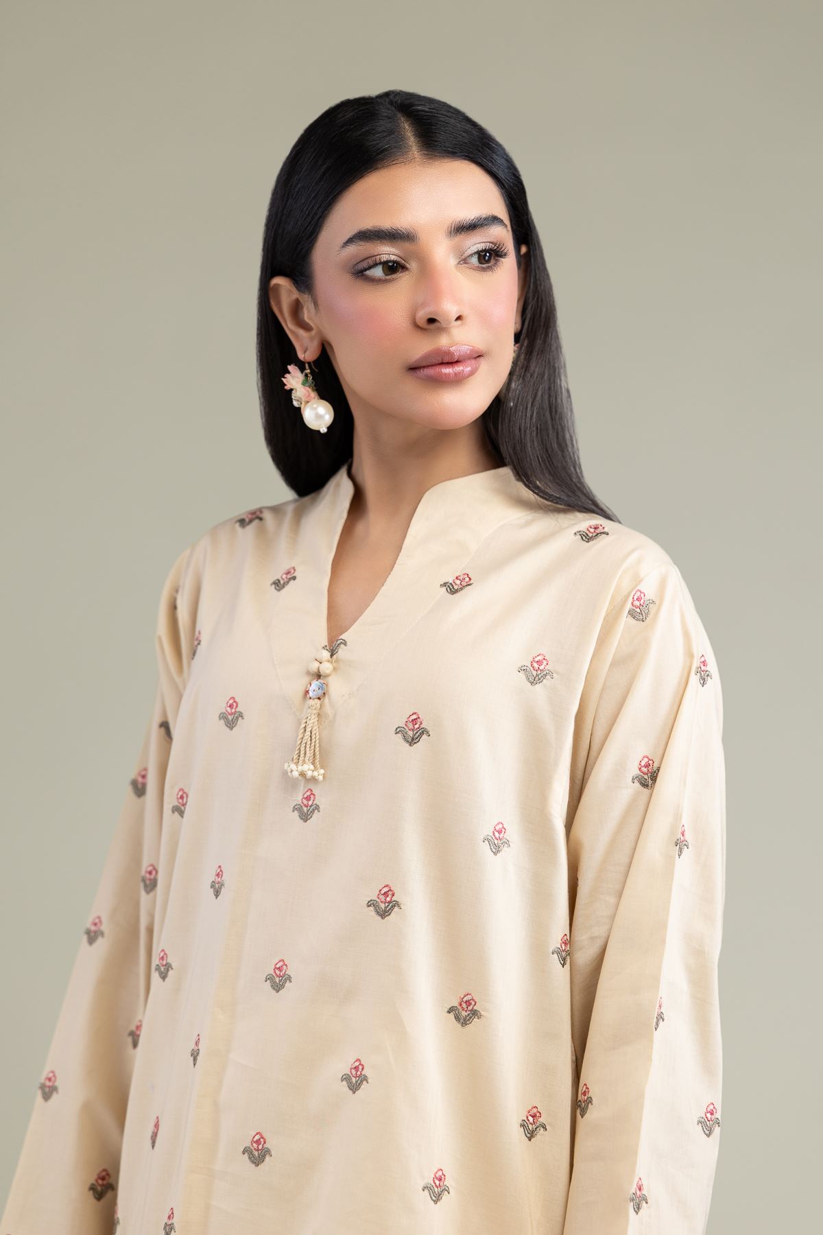 Embroidered Cambric Floral V-Neck Kurta - 1-26-247-A-G1-VG