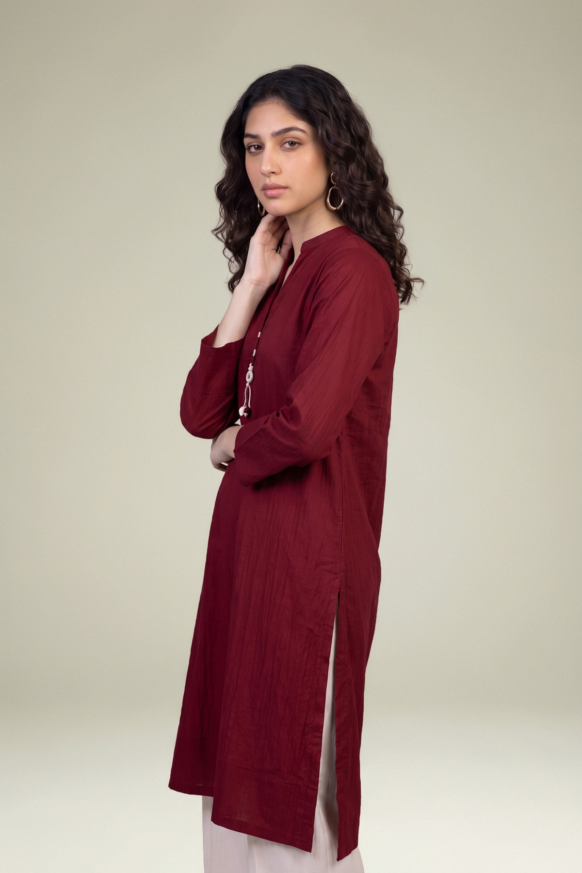 Embroidered Cotton Crinkle Maroon Cotton Kurta - 1-26-102-A-F-VG