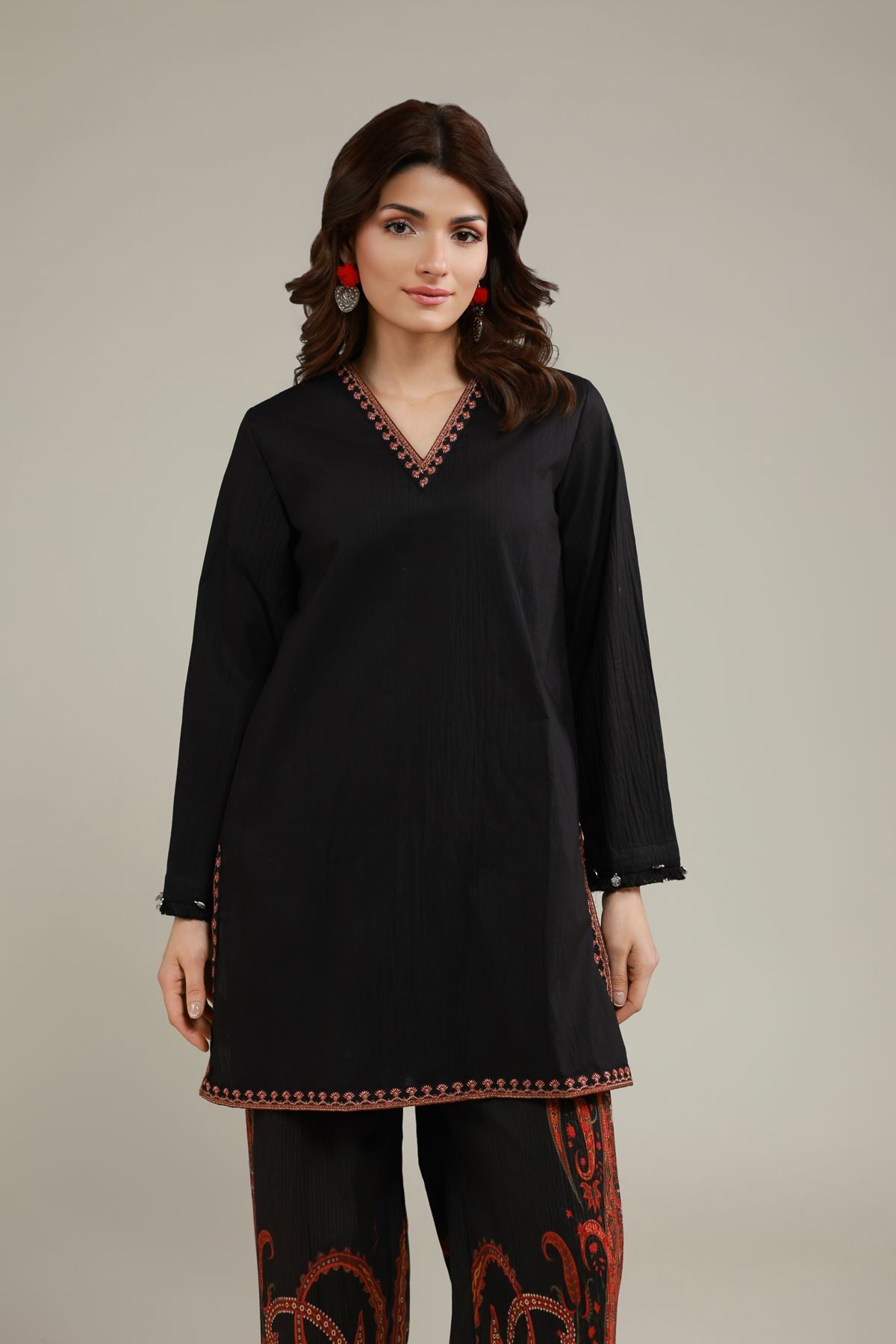 Embroidered Cotton Crinkle Threadwork V-Neck Kurta - 1-26-146-A-A-VG