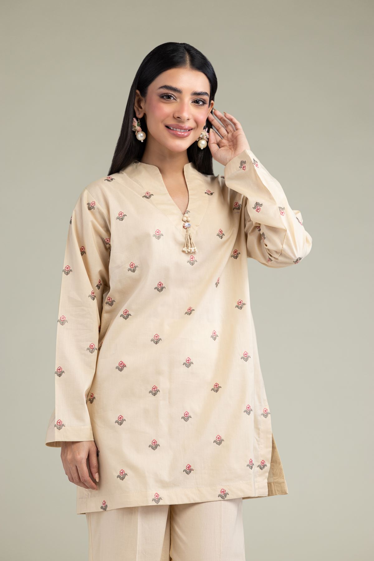 Embroidered Cambric Floral V-Neck Kurta - 1-26-247-A-G1-VG