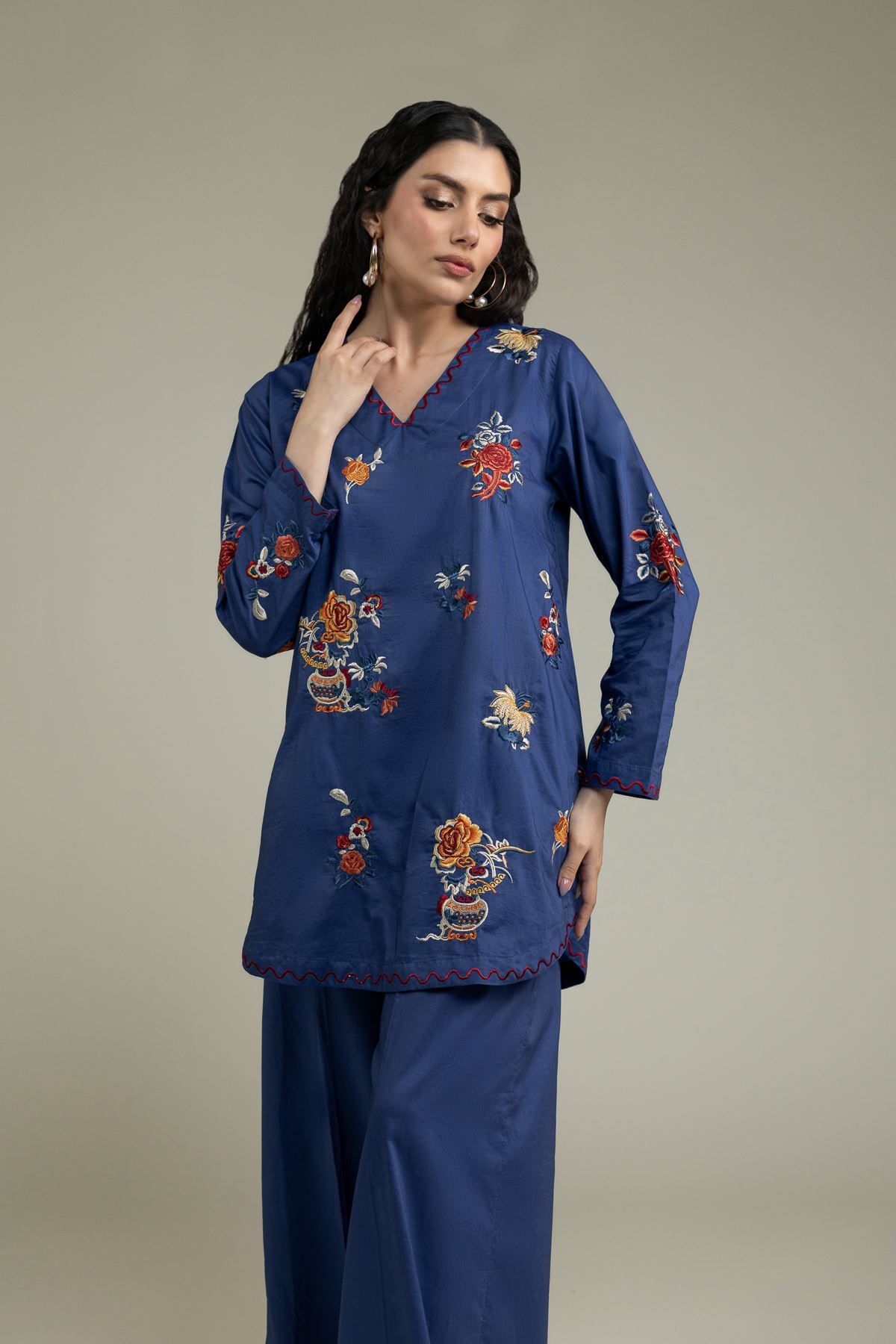 Embroidered Cambric Blue V-Neck Kurta - 2-26-212-A-H1-VG