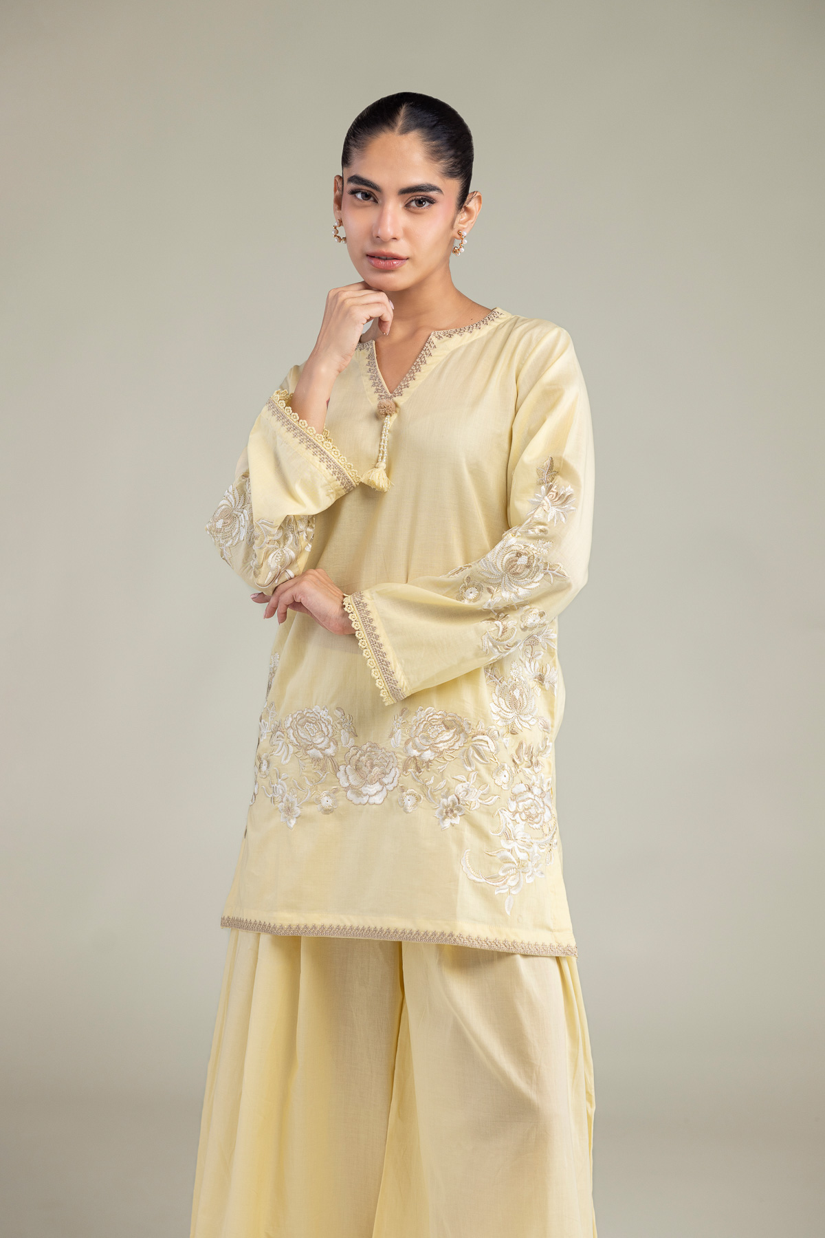 Embroidered Cambric Floral Yellow Kurta - 1-26-102-A-F-VG