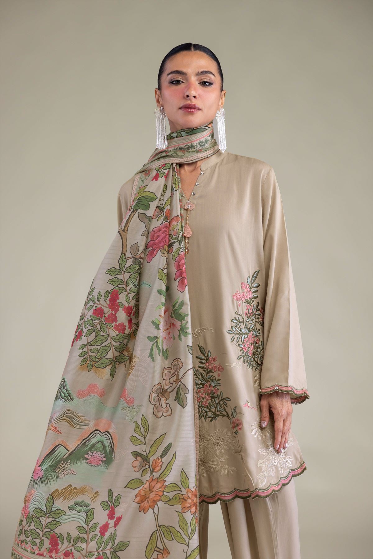 Embroidered Raw Silk Band Collar Kurta - 2-26-202-A-B-VG